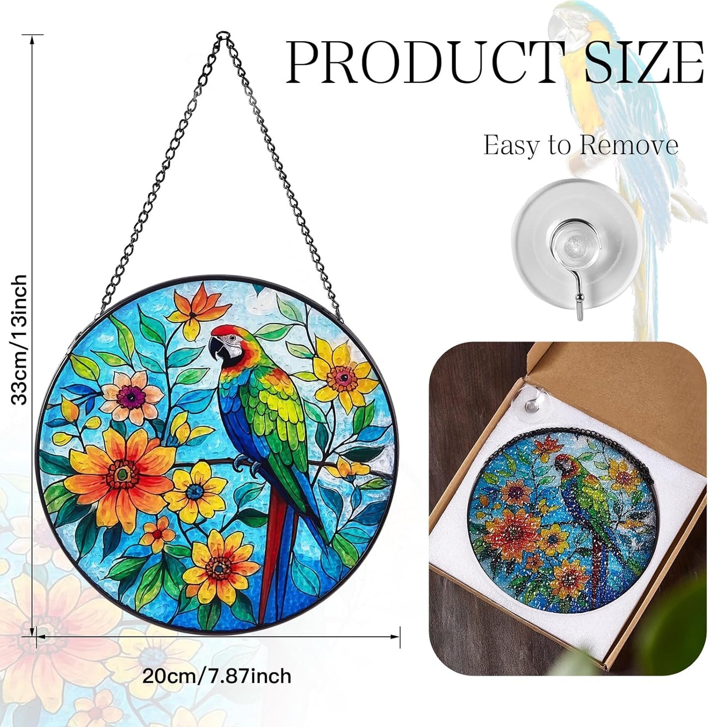 Parrot Sun Catcher Stained Glass Window Hanging, 7.8" Suncatcher Glass Panel Window Decoration, Nature Lover Gift for Women, Wall Garden Art Decor, Gift for Birthday Christmas & Holidays