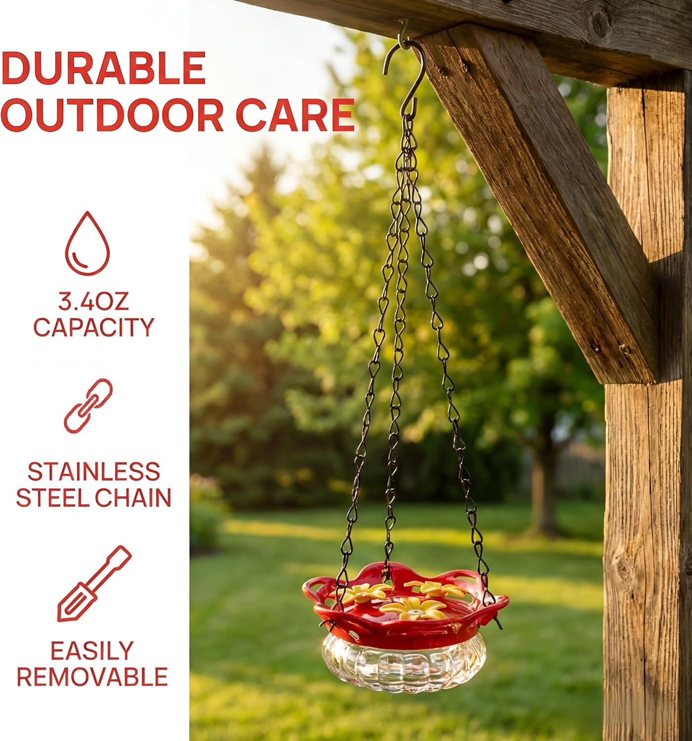 Glass Hummingbird Feeder for Outdoors, 3.4OZ Handheld Top Fill Hanging Humming Bird Nectar Feeders 3 Bee Flower Feeding Ports, Chain & S Hook, Outsides Backyard Decor, Clean, 1 Pack