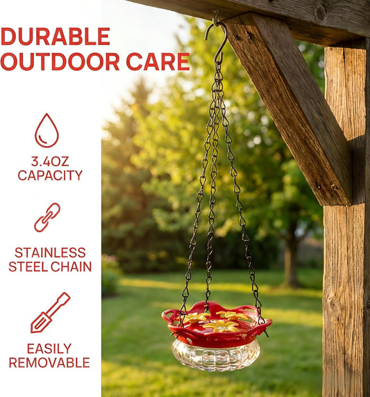 Glass Hummingbird Feeder for Outdoors, 3.4OZ Handheld Top Fill Hanging Humming Bird Nectar Feeders 3 Bee Flower Feeding Ports, Chain & S Hook, Outsides Backyard Decor, Clean, 1 Pack
