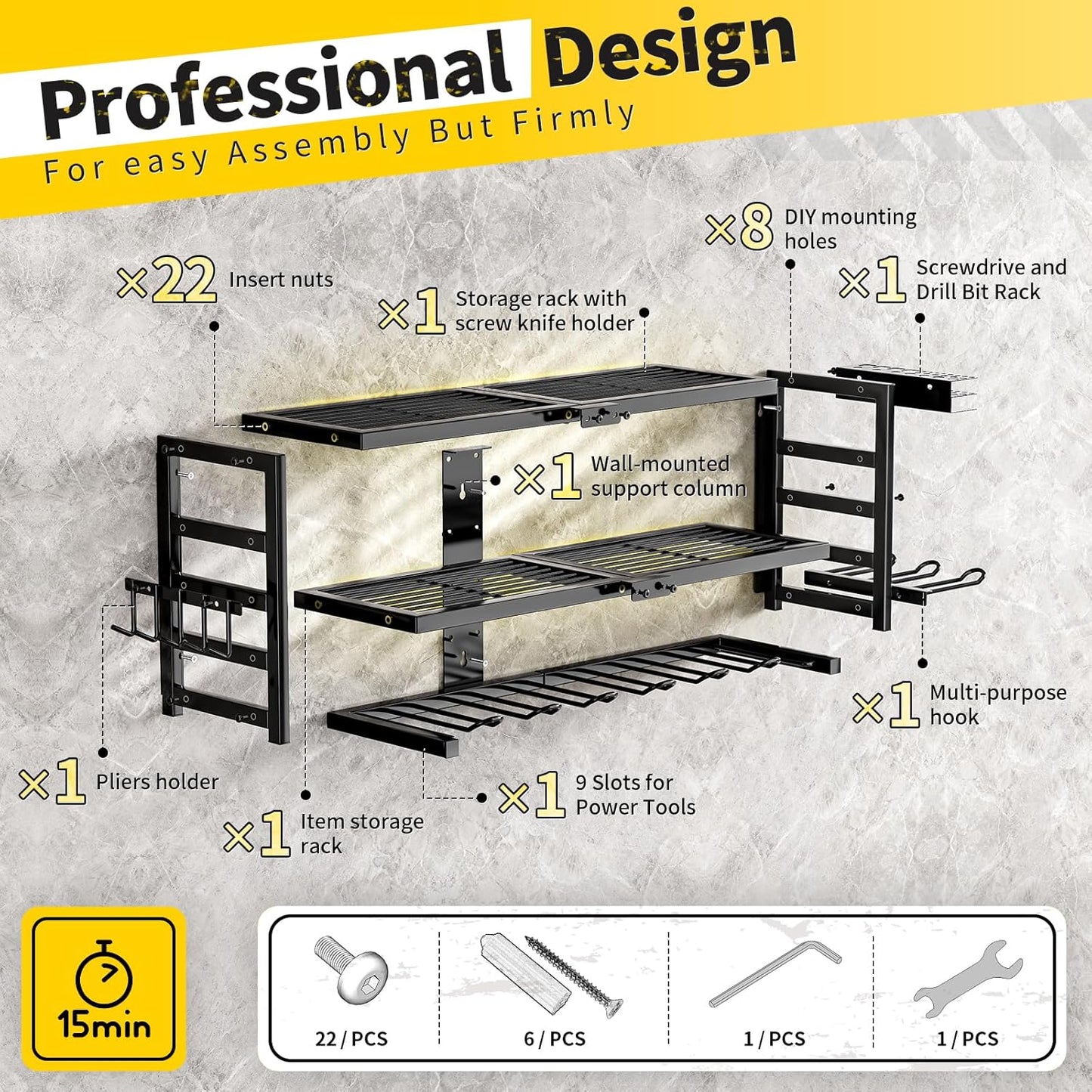 Power Tool Organizer Wall Mount Heavy Duty 320 lbs, 3 Layers Storage Rack with 9 Drill Holders & Battery Storage, cordless tool organizer for Garage, Workshop & Tool Room