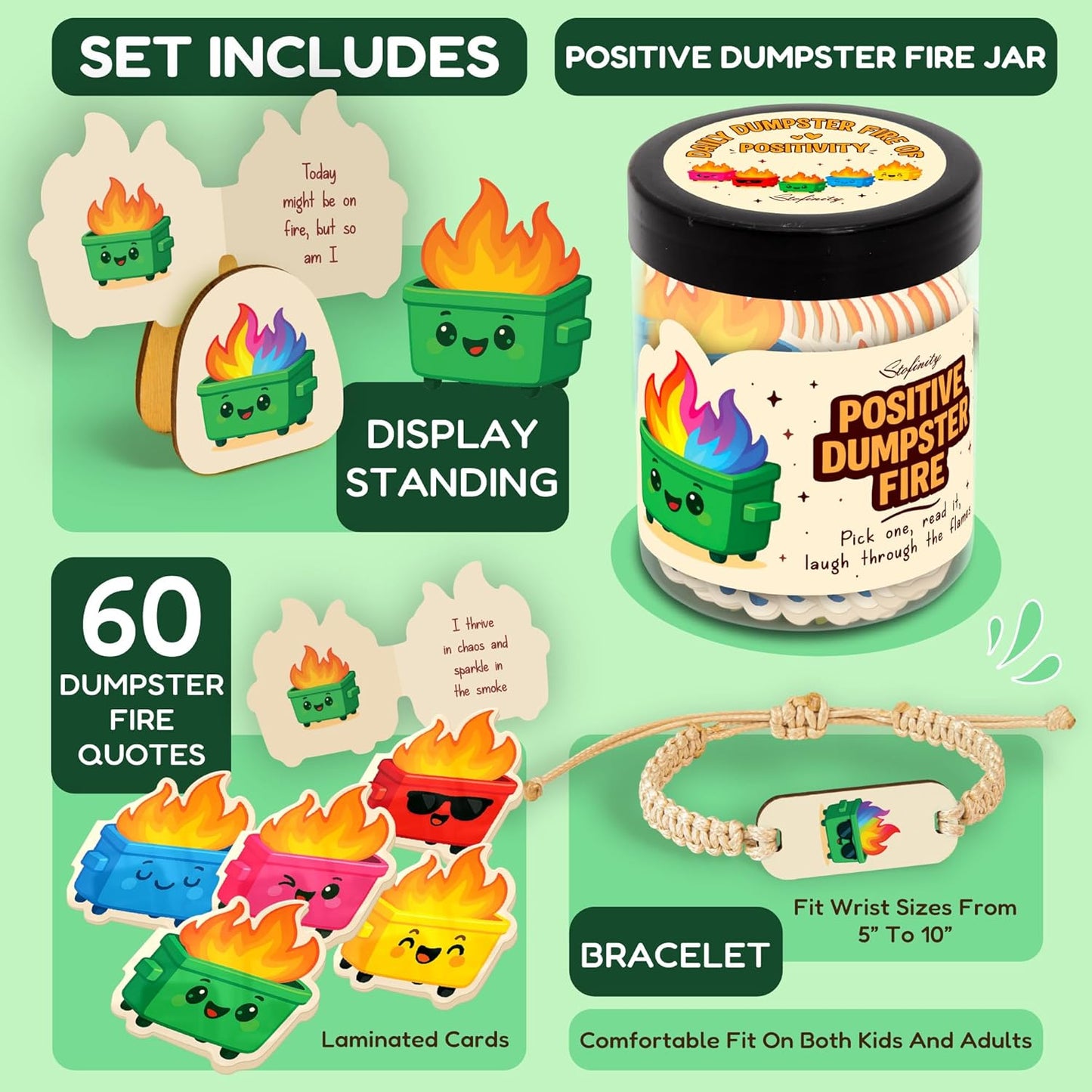 60 Positive Dumpster Fire Cards, Zen Garden Dumpster Fire Desk Accessories, Funny Coworker Gifts For Women, Cute Valentine Gifts For Coworkers, Friend, Daily Affirmation Jar For Office Decor