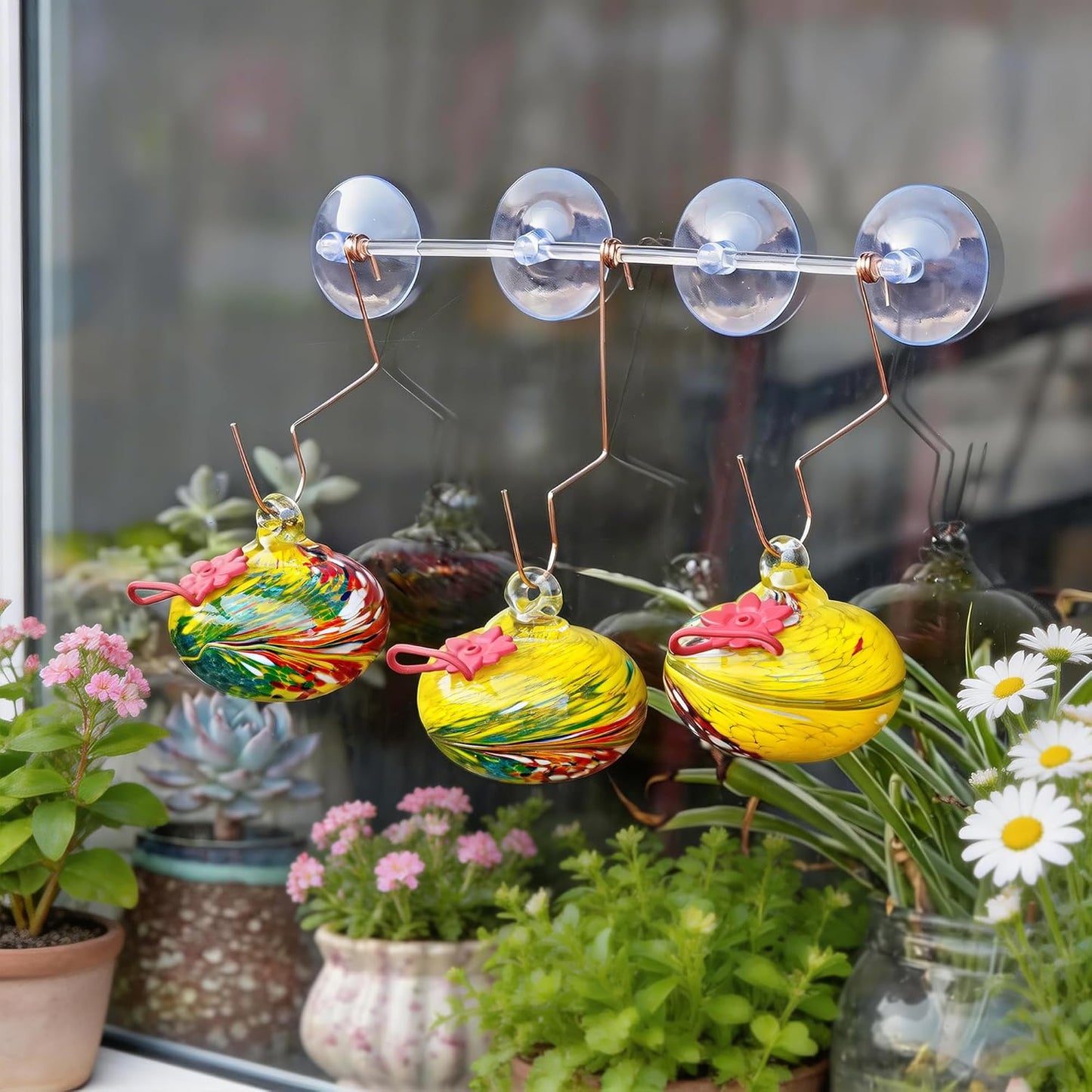 3Pcs Hand Blown Hummingbird Feedeers with Suction Cups for Window Hanging Ant and Bee Proof Glass Humming Birds Feeders Gifts for Woman Man