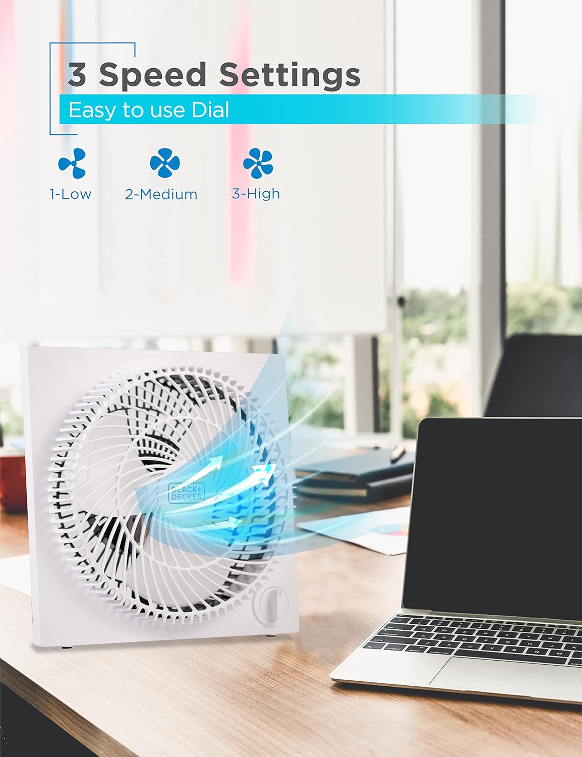 BLACK+DECKER 9-Inch Frameless Box Fan, Freestanding Desk Fan with 3-Speed Settings, Portable Fan for Home Office or Garage, BFB09W, White