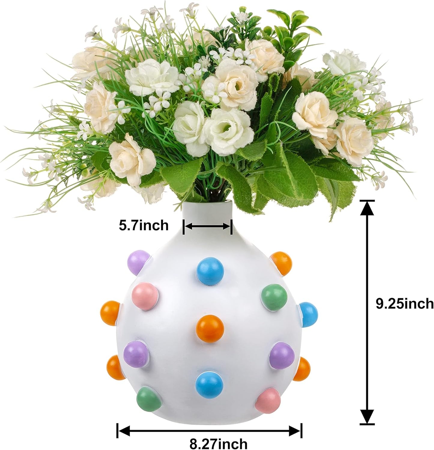 GUTE Bubble Multicolor Vase Detailed White Ceramic Planter, 9.25" Flower Plant Vase, Carved Pomponette Pastel Colors Classic - Plant Pot Colorful Round Bubble Detail for House
