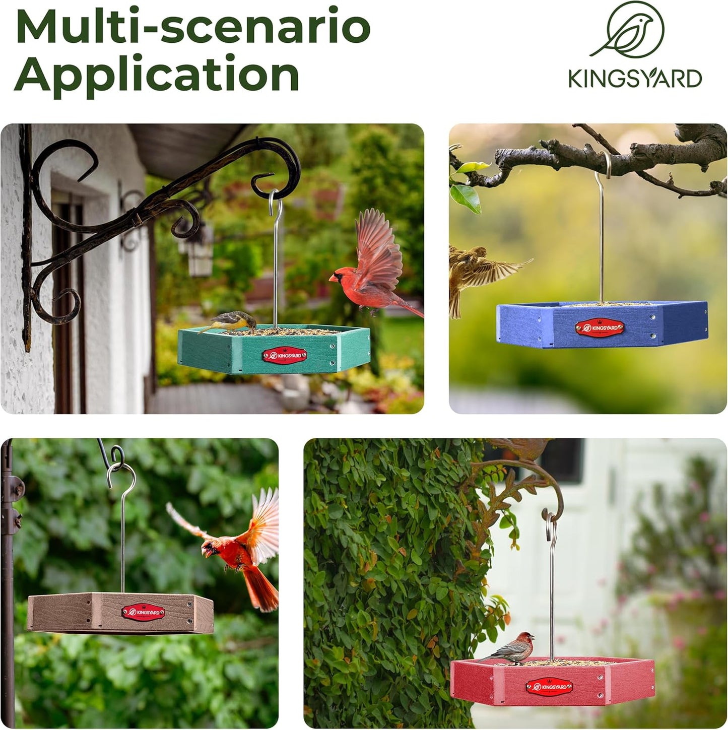 Kingsyard Heavy Duty Hanging Platform Bird Feeder Weatherproof, Recycled Plastic Tray with Metal Mesh Screen, Easy Clean Outdoor Feeder for Cardinals Bluebirds Wild Birds, Green