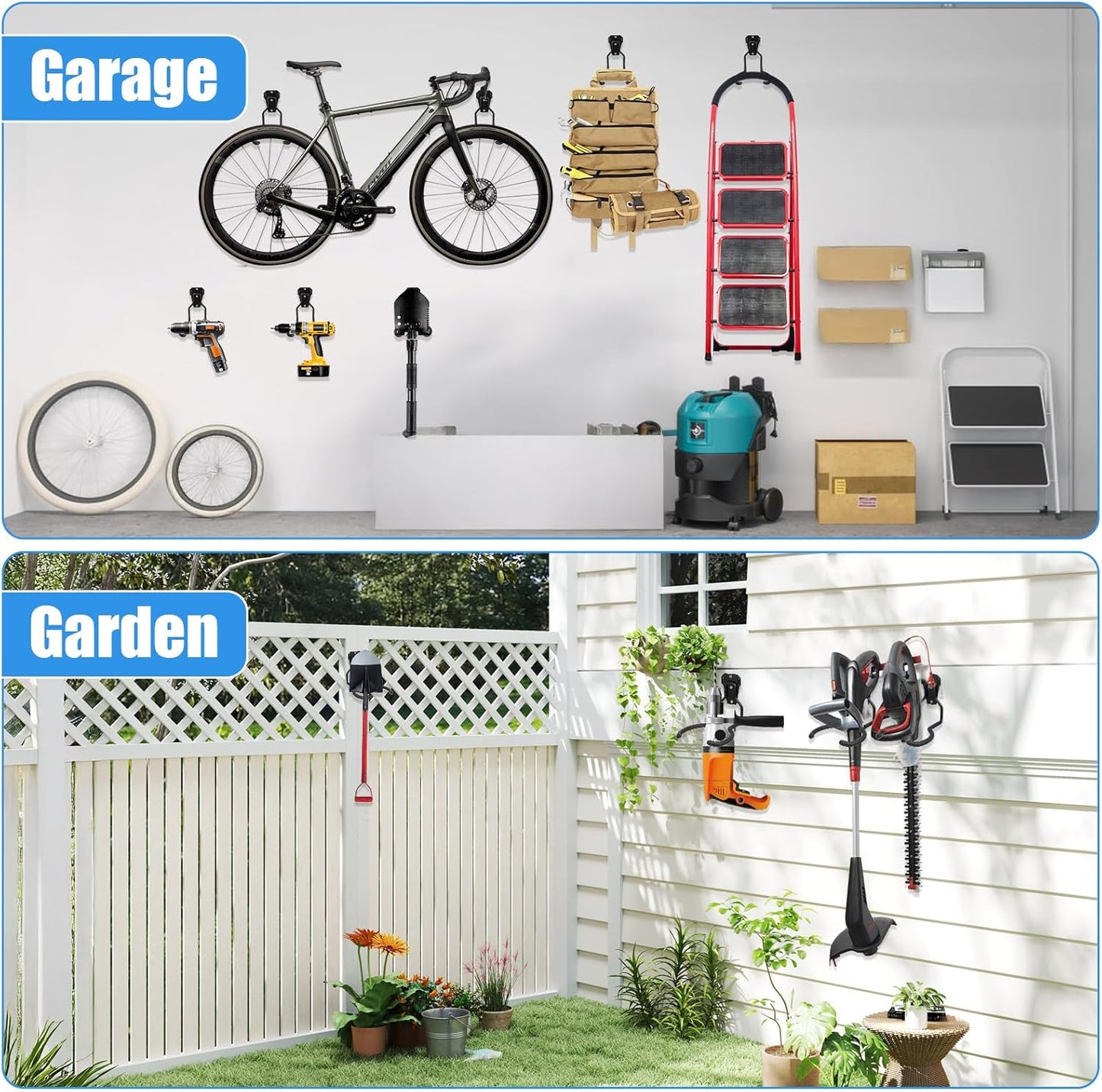MAQUITA Garden Tool Wall Mount Rack, 4-Piece Steel String Trimmer Holder, Garage Storage Hook for Weed Eater, Leaf Blower, Lawn Equipment