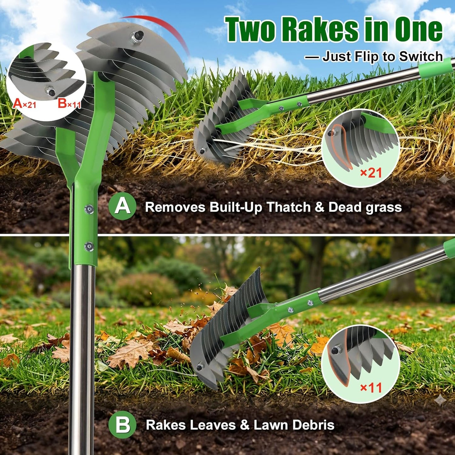 Heavy Duty Thatch Rake for Lawns - Deep-Clean Dethatching Rake for Dea