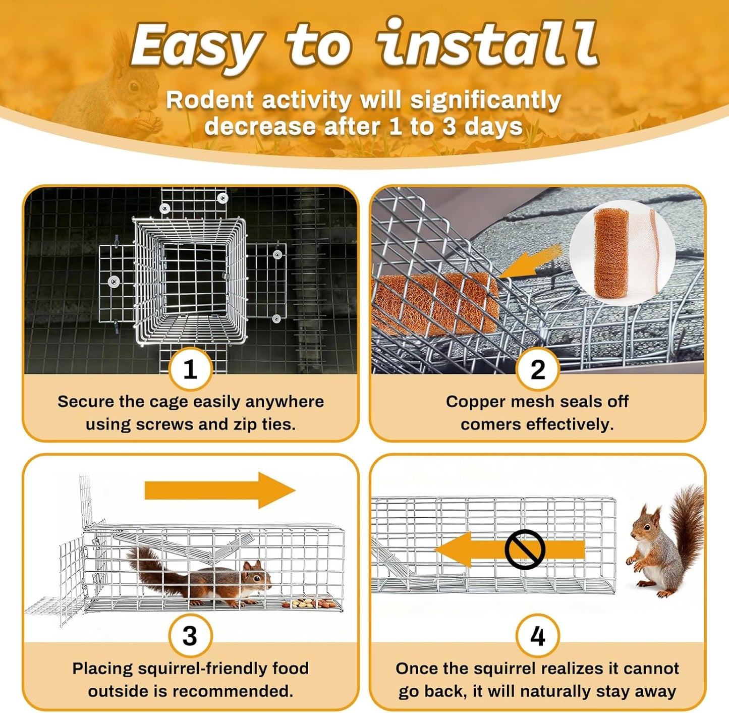 One Way Squirrel Door Excluder - Humane Chipmunk Excluder for Attics & Chimneys, Squirrel Traps with DIY Kit Including Screws, Pressure Plate,Gloves, Cable Ties & Copper Mesh