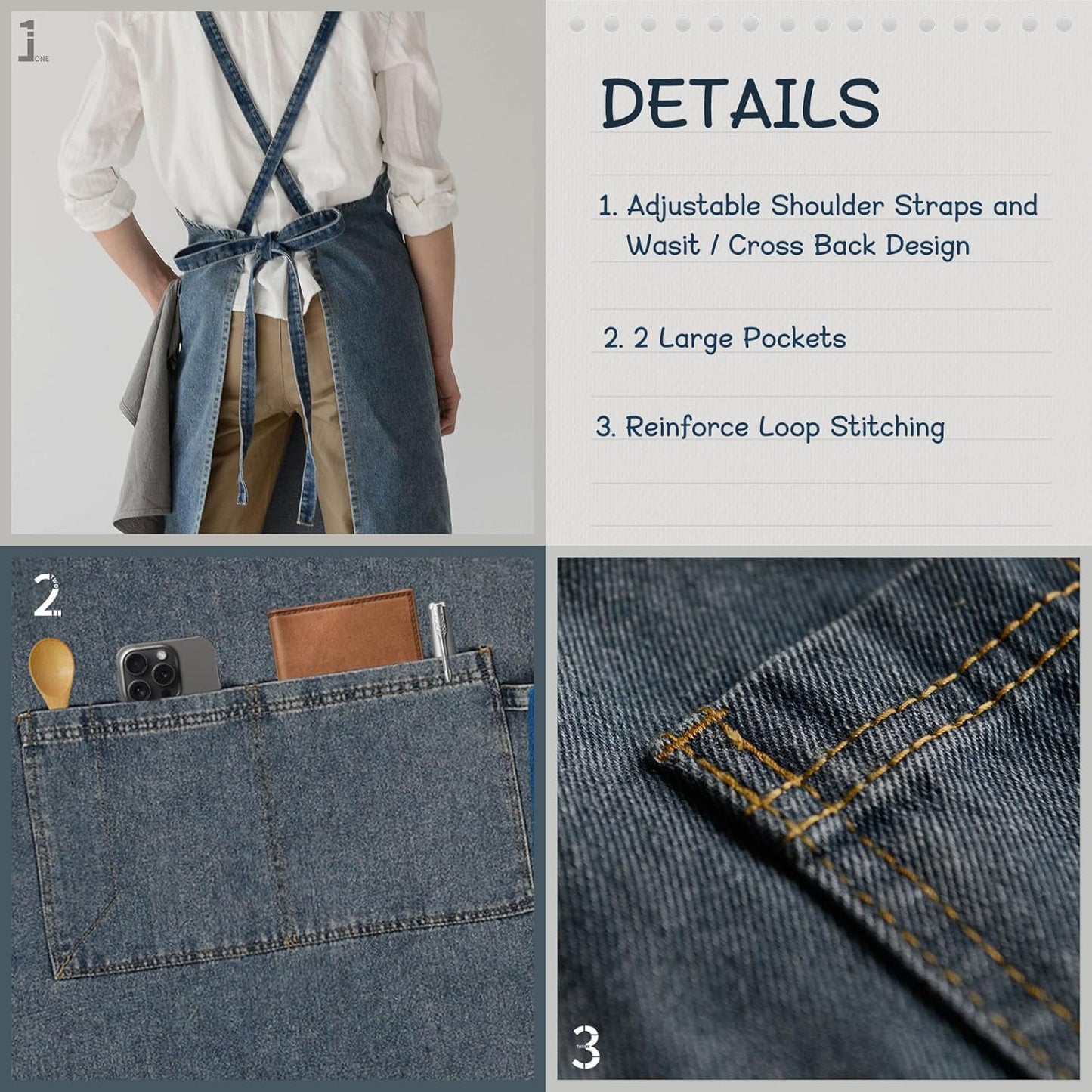 Surblue Cotton Denim Apron with Pockets Adjustable Jean Apron for Man Woman for Kitchen, BBQ, Garden, Workshop