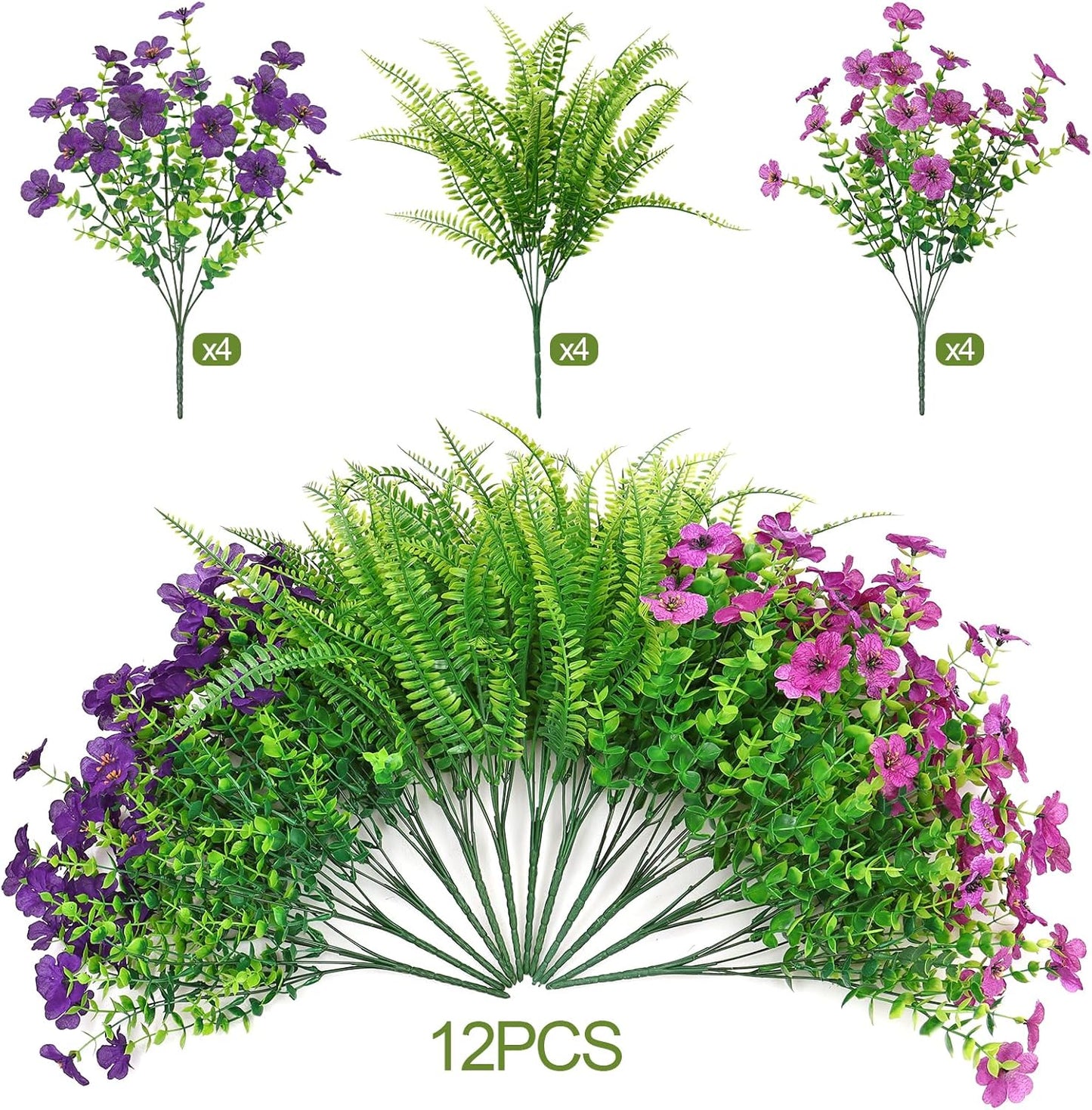 SOMYTING Artificial Flowers for Outdoors, 12 Bundles Silk Fake Flower with Fern Fake Flower Daisy UV Resistant Faux Plants for Spring Summer Greenery Boxwood Porch Patio Garden Pot Planters Decor