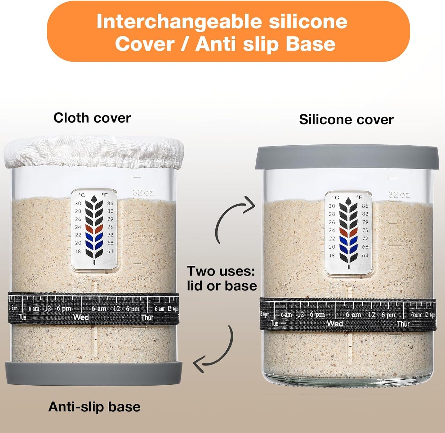 Premium Pro Sourdough Starter Jar Kit - 40oz Large Wide Mouth Sourdough Bread Jar with Marked Feeding Band, Thermometer, Scraper, Cloth Cover and Silicone Lid/Base, Glass Container, Baking Supplies