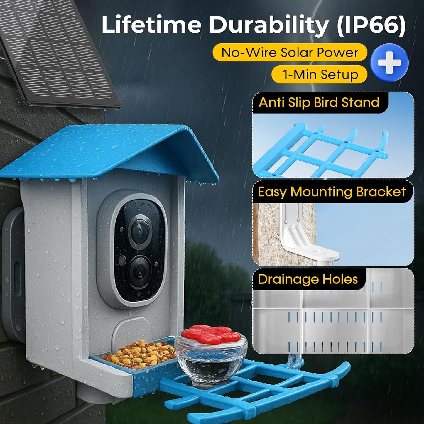 Smart Bird Feeder with Camera - 2K Live Stream, AI Species Recognition, Solar-Powered, Motion Alerts, Squirrel-Proof Weight-Sensor + Large Capacity, Weatherproof Design, Gift for Birds Lover