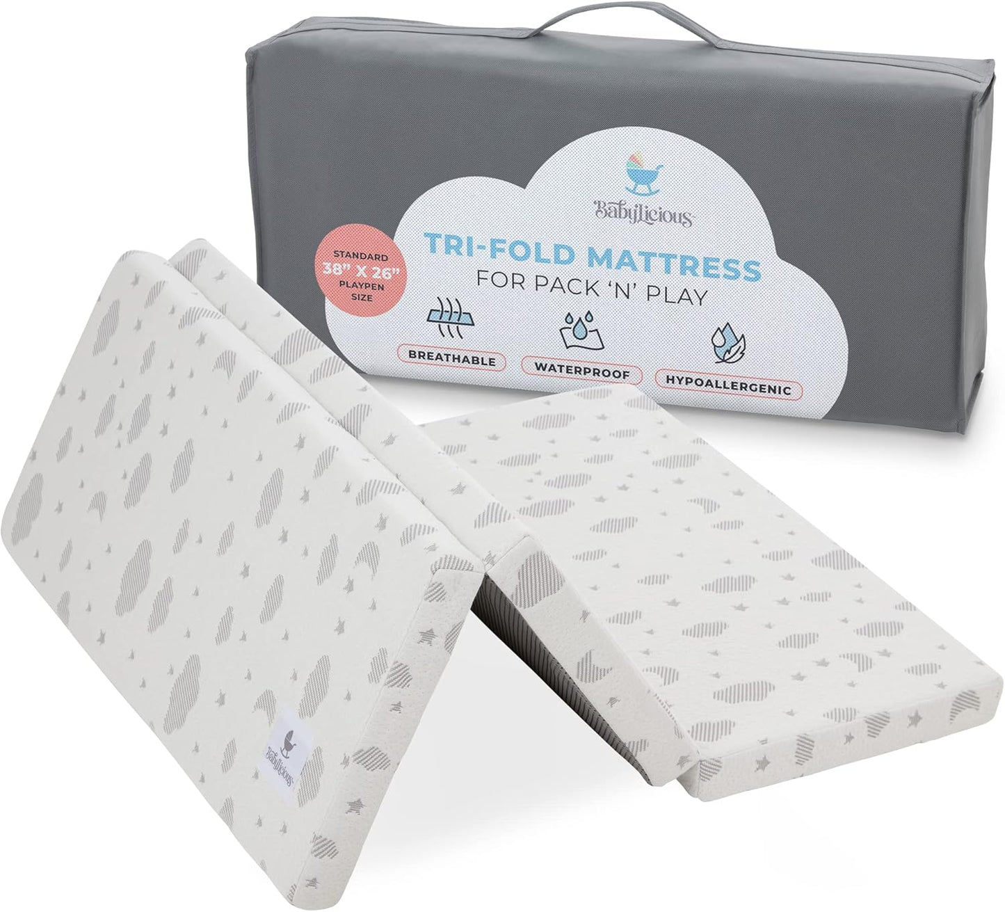 Babylicious Waterproof Pack and Play Mattress Topper | 38" x 26" x 1.5" | Trifold Style - Breathable Soft Plush Foam - Portable Mattress Topper- Baby Foam Mattresses for Babies
