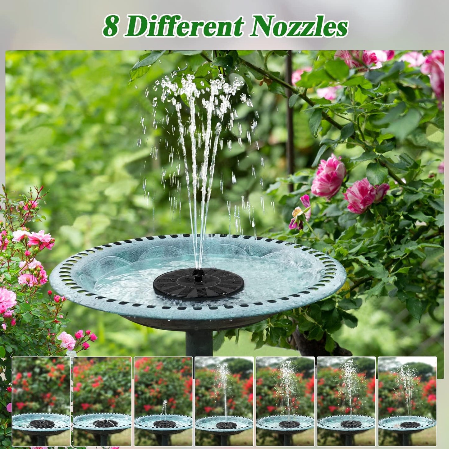 Solar Fountain 100% Glass Covered, Solar Powered Hummingbird Water Fountain, Outdoor Bird Bath Fountain Pump with 8 Nozzles & 4 Fixers for Garden, Pond, Pool, Fish Tank Decoration