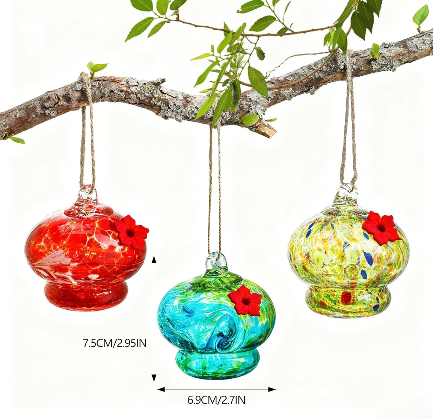 Glass Hummingbird Feeder with Flower Feeding Ports 3in Blown Glass Hummingbird Feeders for Outdoors Backyard Garden Decor Gifts for Women (3pcs)