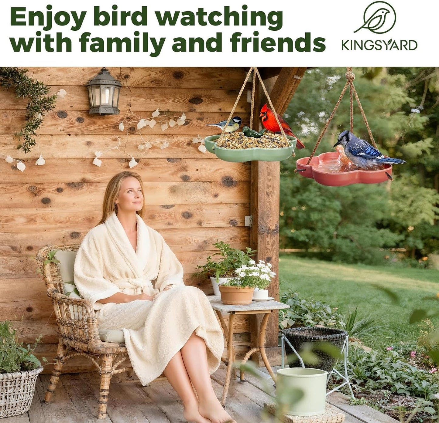 Kingsyard Hanging Bird Feeder and Bath for Outside, 9" Vintage Imitation Ceramic Platform Bird Feeder Tray for Outdoors, Heavy Water Bowl Birdbaths for Garden Patio Decoration Gifts, Orange