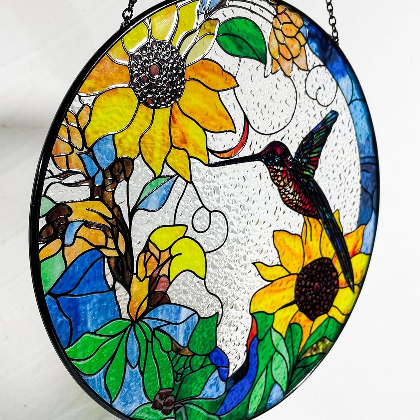 Hummingbird and Sunflowers Stained Glass Suncatcher/Window Hanging – Handcrafted Glass Art, Perfect for Home, Garden, and Gift Giving, 7.8 Inch Round Design