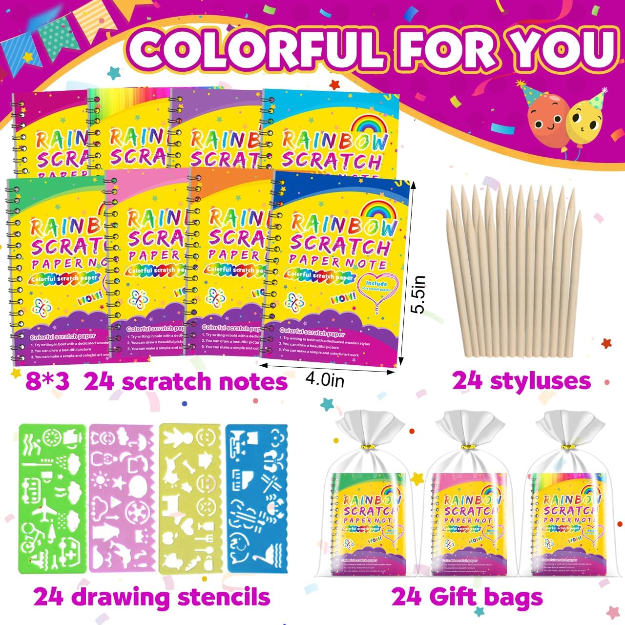 Party Favors for Kids 4-8-12: 24 Pack Scratch Rainbow Art Crafts Noteb