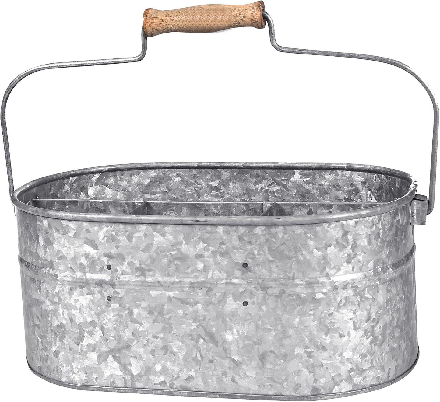 Light & Pro Multipurpose Galvanized Rustic Farmhouse Caddy - Metal 4 Compartment Storage Bin Caddy With Wooden Handle Perfect For Kitchen Utensils, Picnic, Garden Planter - Hammered - Antique Grey