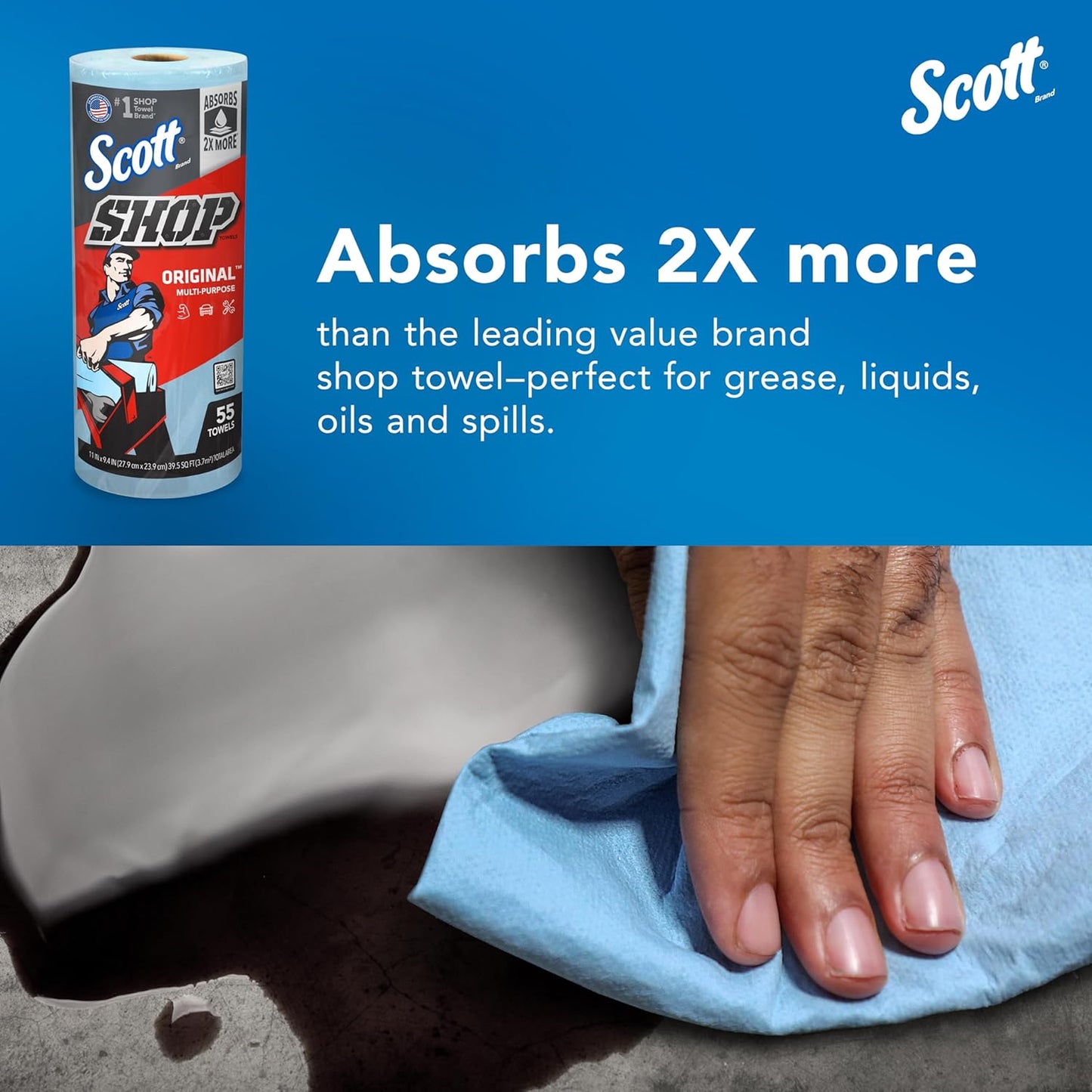 Scott Shop Original Blue Towels (75130), 9.4"x11" Cloth-like Paper Towel (30 Rolls of 55 Sheets, 1,650 Sheet Total)