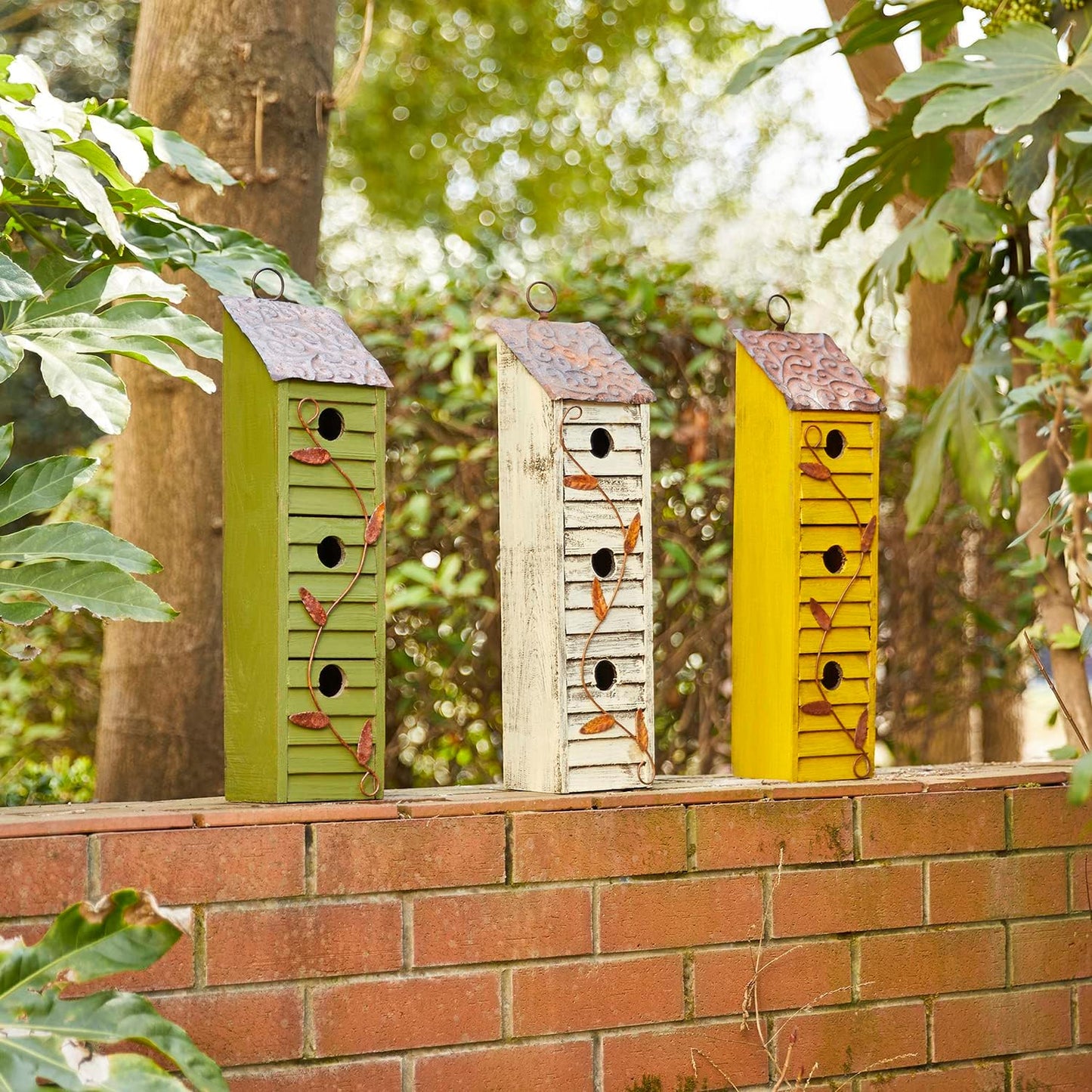 Glitzhome Bird Houses for Outside, 18" H Three-Story Solid Wood Cottage Decorative Garden Birdhouse Wooden Bird Houses with Shutter Texture Hanging Hanging Birdhouses for Outdoors,Washed White