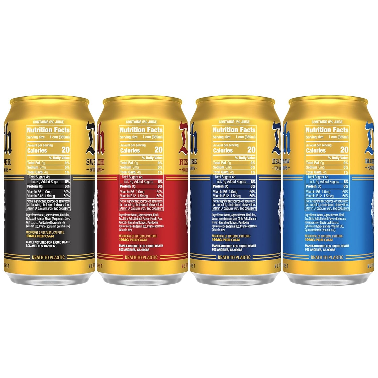 Liquid Death Iced Tea - Variety, Less Sugar*, Boost of Caffeine, B Vit