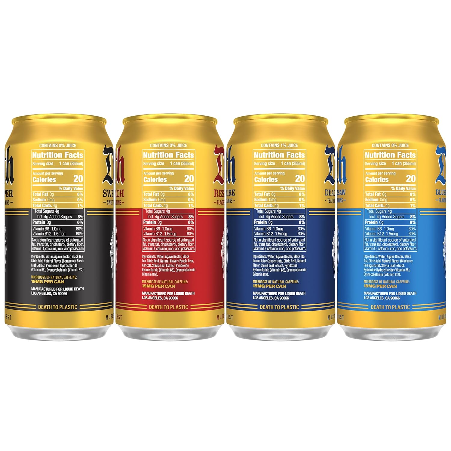 Liquid Death Iced Tea - Variety, Less Sugar*, Boost of Caffeine, B Vit