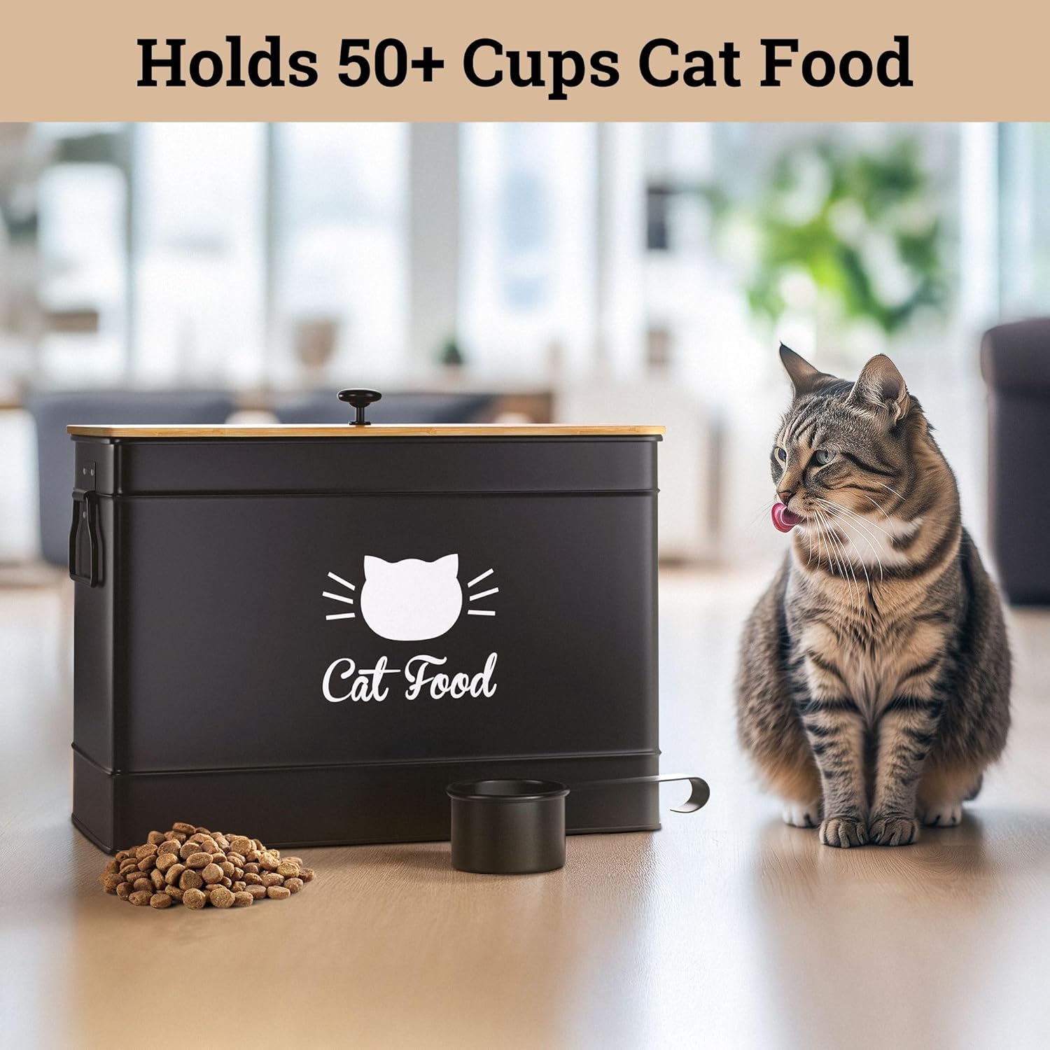 Cat Food Storage Container with Scoop - 15 lb (50 Cup) Capacity Metal 