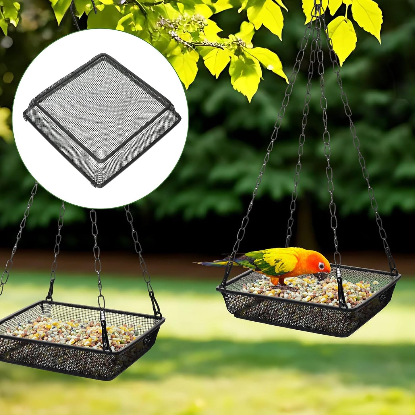 4 Pieces Hanging Bird Feeder Tray Platform Metal Mesh Feeder Seed Platform for Bird Feeding Outside Outdoors Wild House Hanging for Attracting Birds, Black(Square)