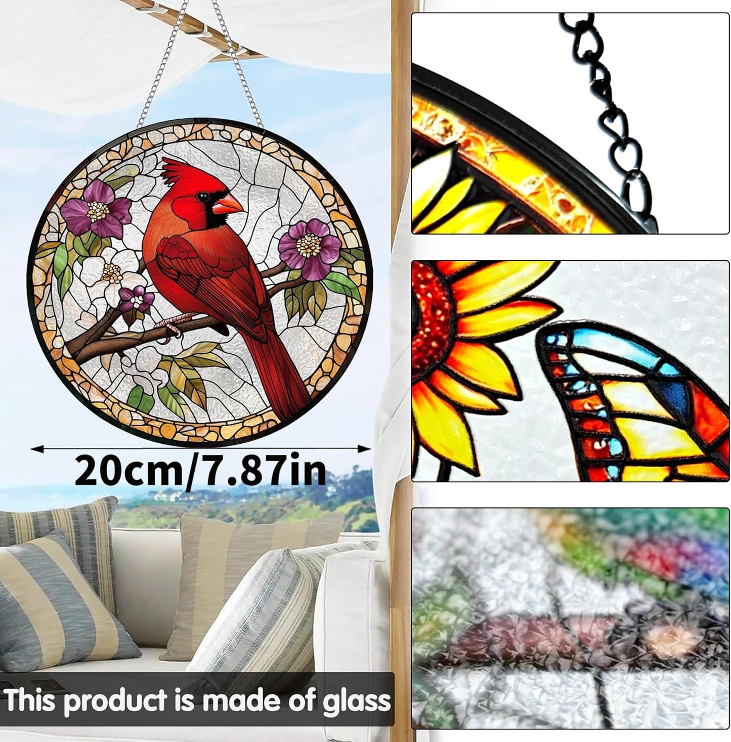 VAIIEYO Cardinal Bird Sun Catcher Stained Glass Window Hanging Ornament, Handmade Sun Catcher Animal Bird Decoration with Hooks for Window Garden Home,Christmas & Birthday Housewarming Gift (7.8 inch)