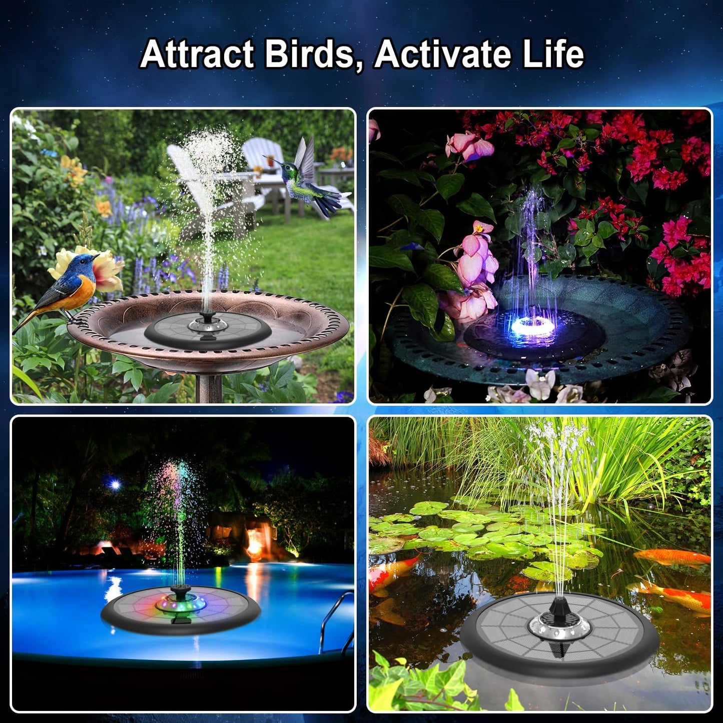 Solar Fountain UFO Style, 2026 Upgrade 5W Glass Solar Panel Bird Bath Fountain with LED Lights, 4000mAh Backup Battery, 7 Nozzles for for Garden, Pond, Pool, Patio Outdoor Water Feature
