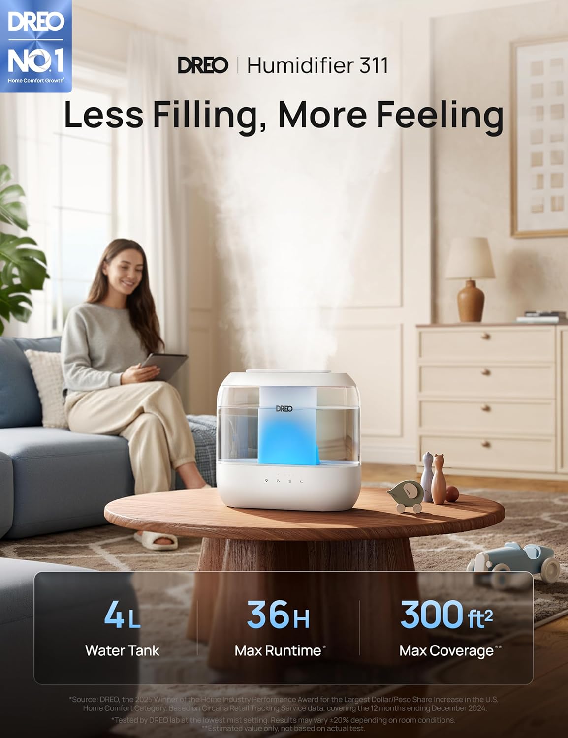 Dreo Humidifiers for Bedroom, 4L Top Fill for Large Room, 36H Runtime,