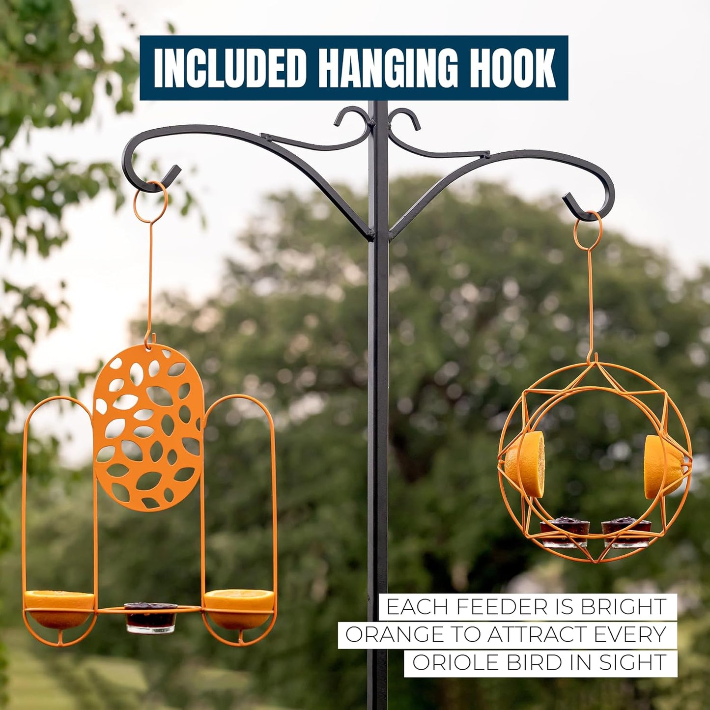 MEKKAPRO Sun Baltimore Oriole Feeder for Outdoors, Jelly and Orange Metal Bird Feeder, Unique Sun Design and Bright Color, Open Top Hook, UV-Resistant Powder-Coated Steel (2 Cups)