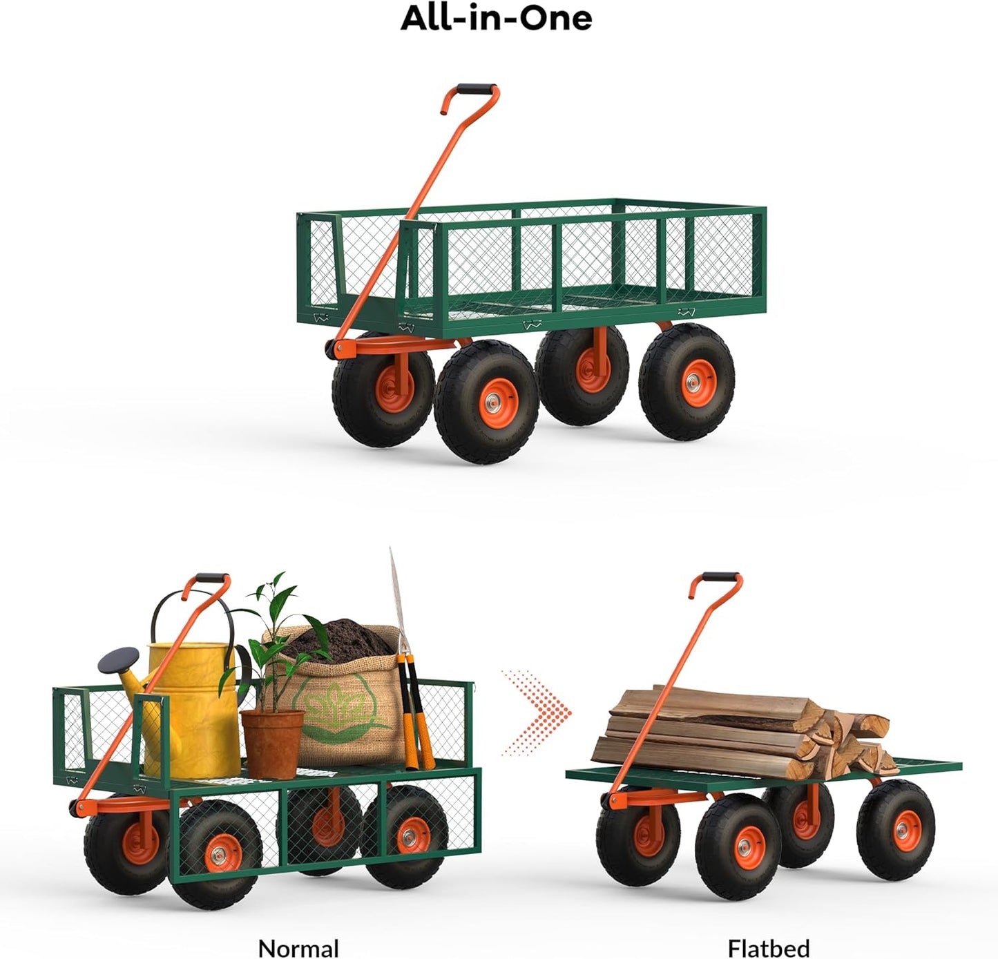 Steel Garden Cart, 500 LBS, 3 in-1 Folding Utility Wagon with Removable Sides, 10 in Tires, 180° Rotating Handle for Outdoor, Farm, Lawn and Garden, Heavy Duty Flatbed, Green & Orange