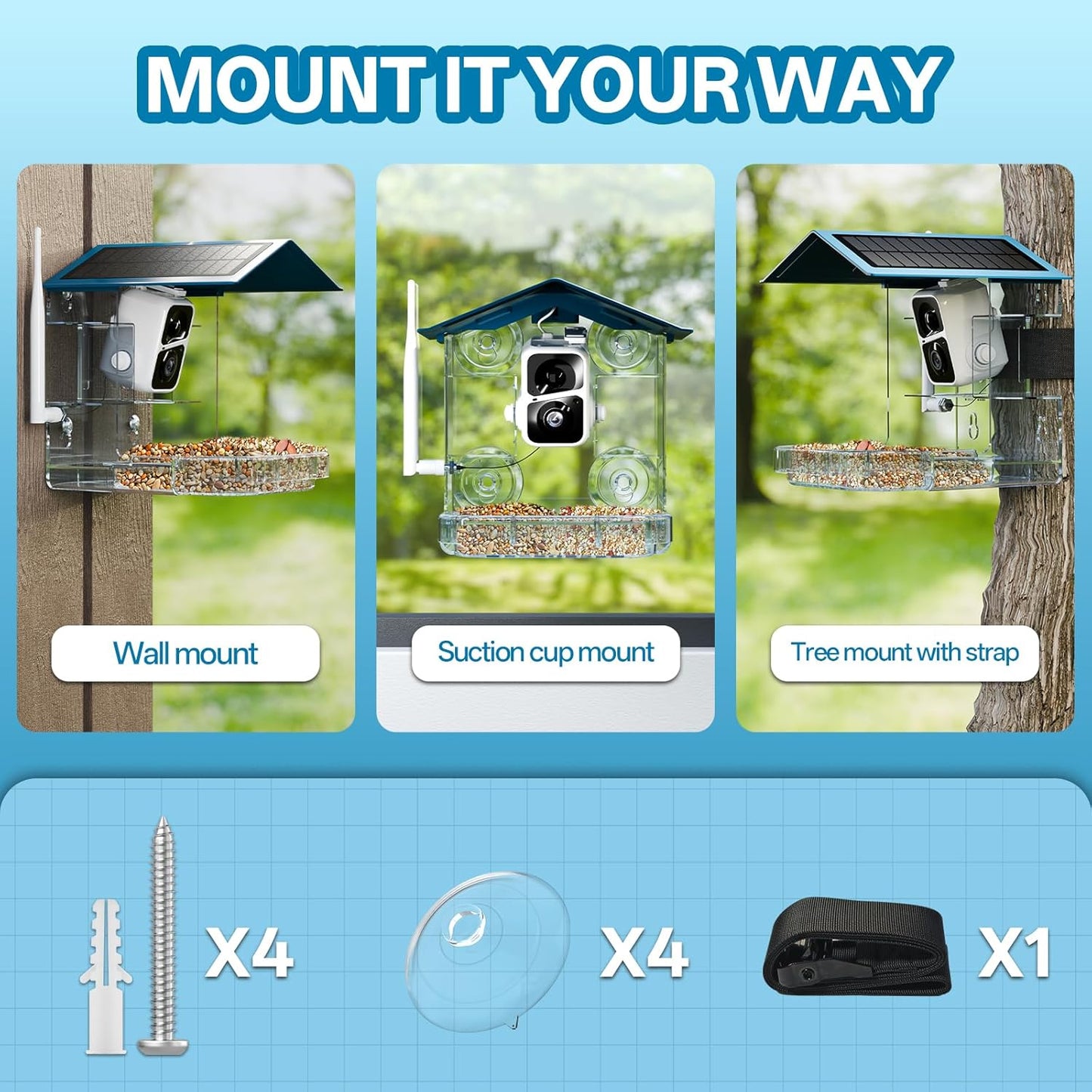 Smart Bird Feeder with Camera Solar Powered, 2.4Ghz/5Ghz WiFi Instant Notifications Smart Window Bird Feeder for Outdoor, 2K HD AI Identify Birds SpeciesGifts for BirdLovers Kids Grandparents