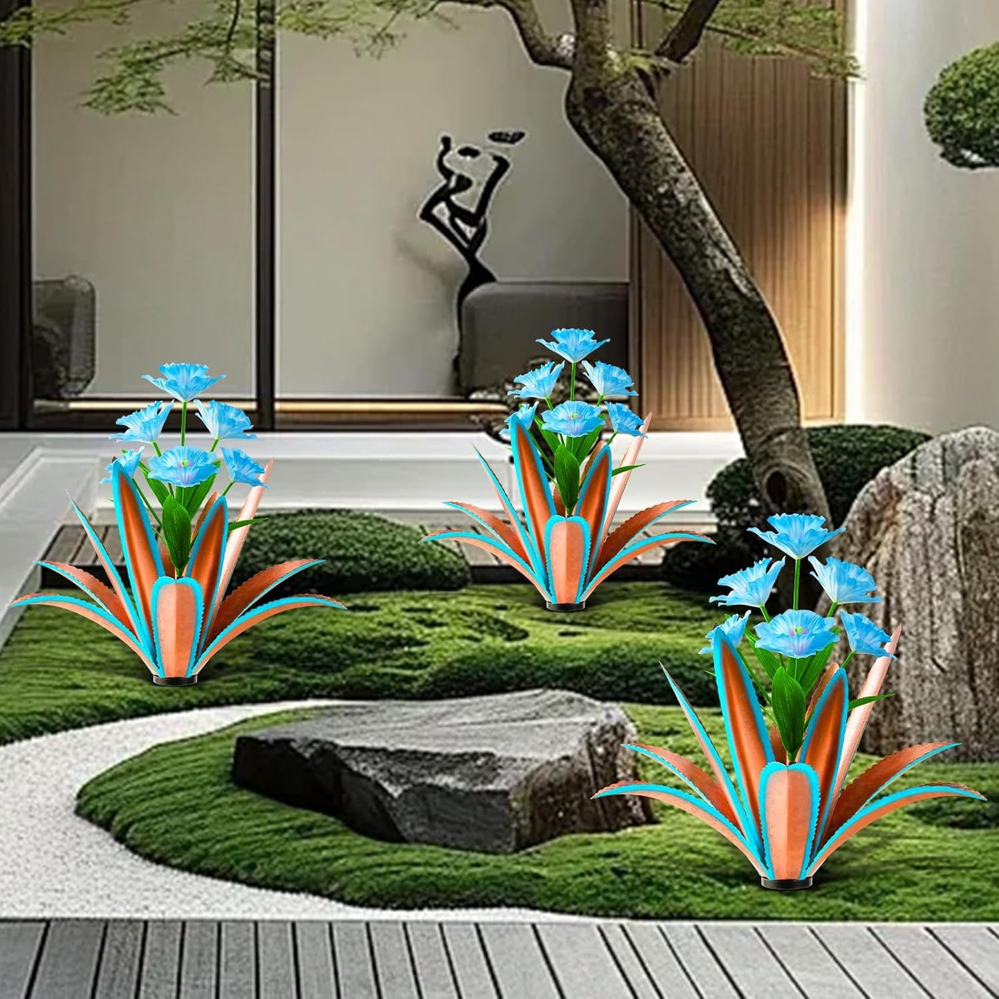 TOMBABY Huge Metal Agave Plants Outdoor Decoration Outdoor Garden Decorated with Flowers Mexican Yard Art Plant Garden Gift (Blue 1 Pack)