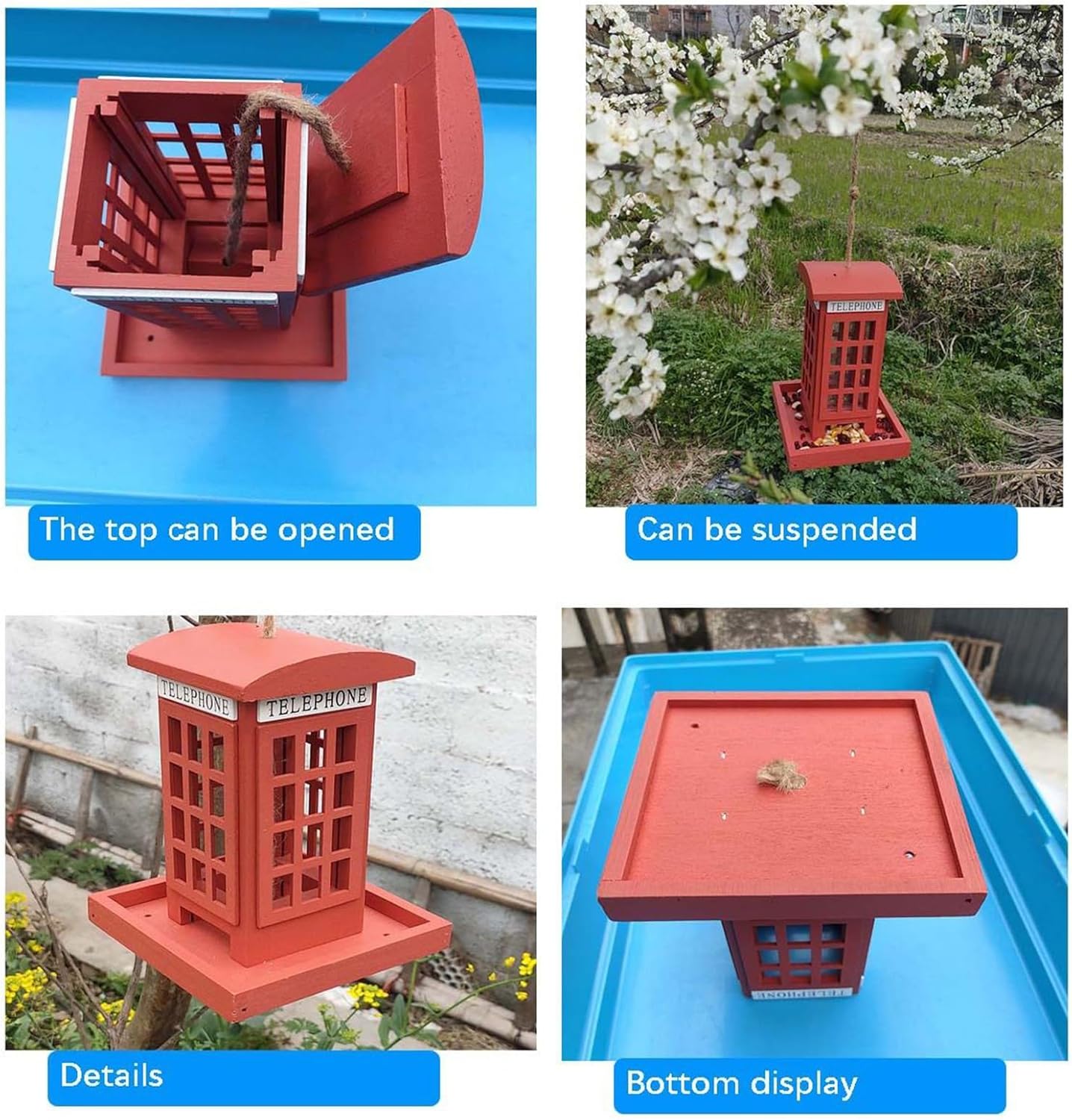 Bird Feeder - Red Telephone Booth Feeder, Spill Resistant Wooden Hanging Birdhouse with Roof Cover, Weatherproof Feeding Function, Ideal for Garden Backyard