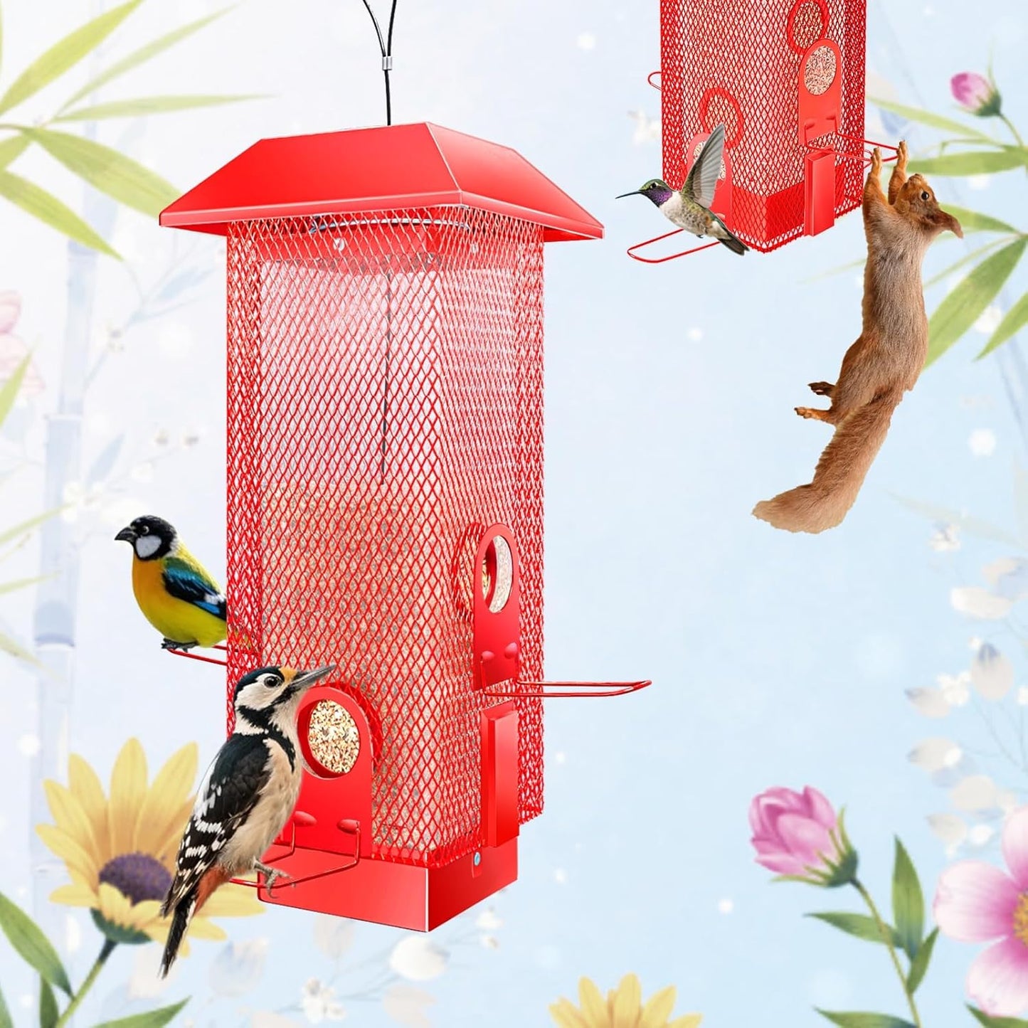 Squirrel Proof Bird Feeder, 2.5LB Heavy-Duty Metal Wild Bird Feeder with Weight-Activated Spring, Weatherproof Outdoor Hanging Birdfeeders for Cardinals, Blue Jays, Finches