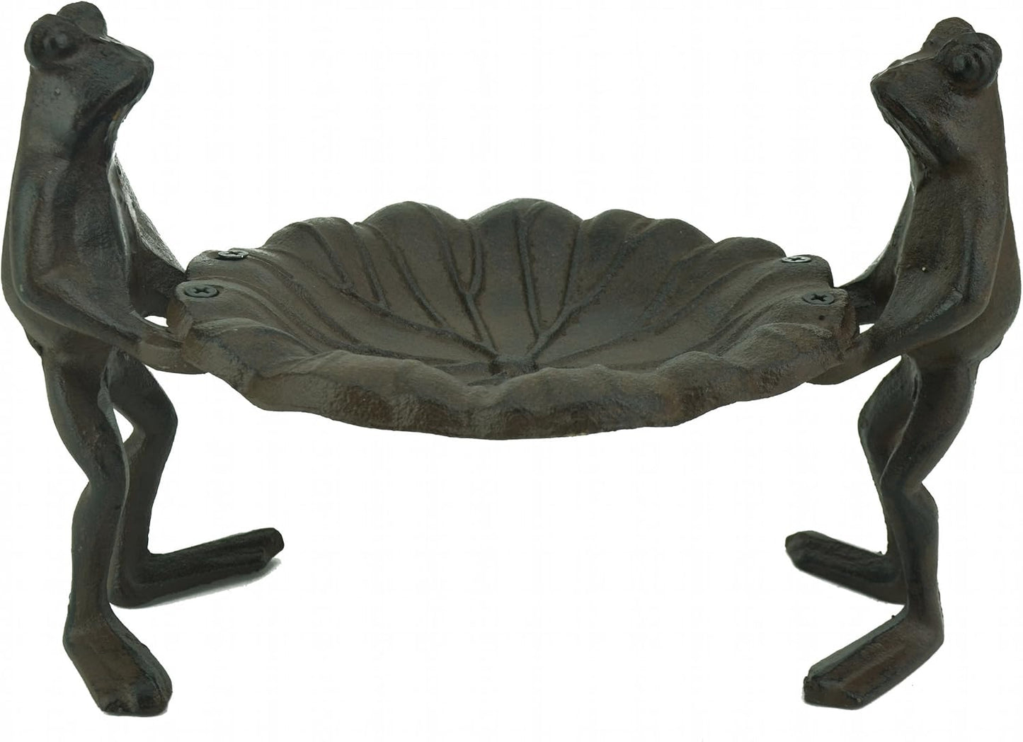 Decorative Cast Iron Bird Feeder Frogs Holding Leaf 5.75" Tall