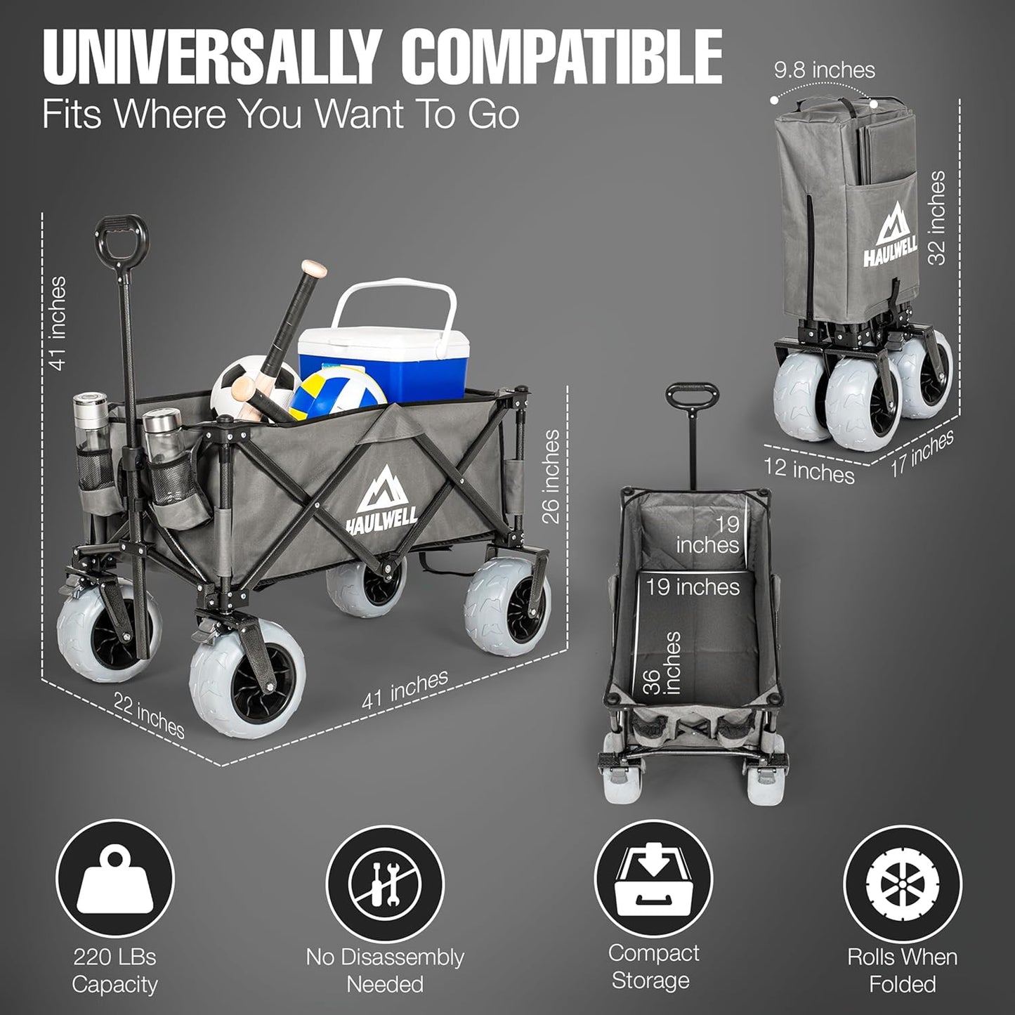 Beach Wagon for Sand with Big Wheels | All Terrain Folding Utility Cart | Collapsible Heavy Duty Wagon Cart for Kids, Beach and Camping | Haulwell