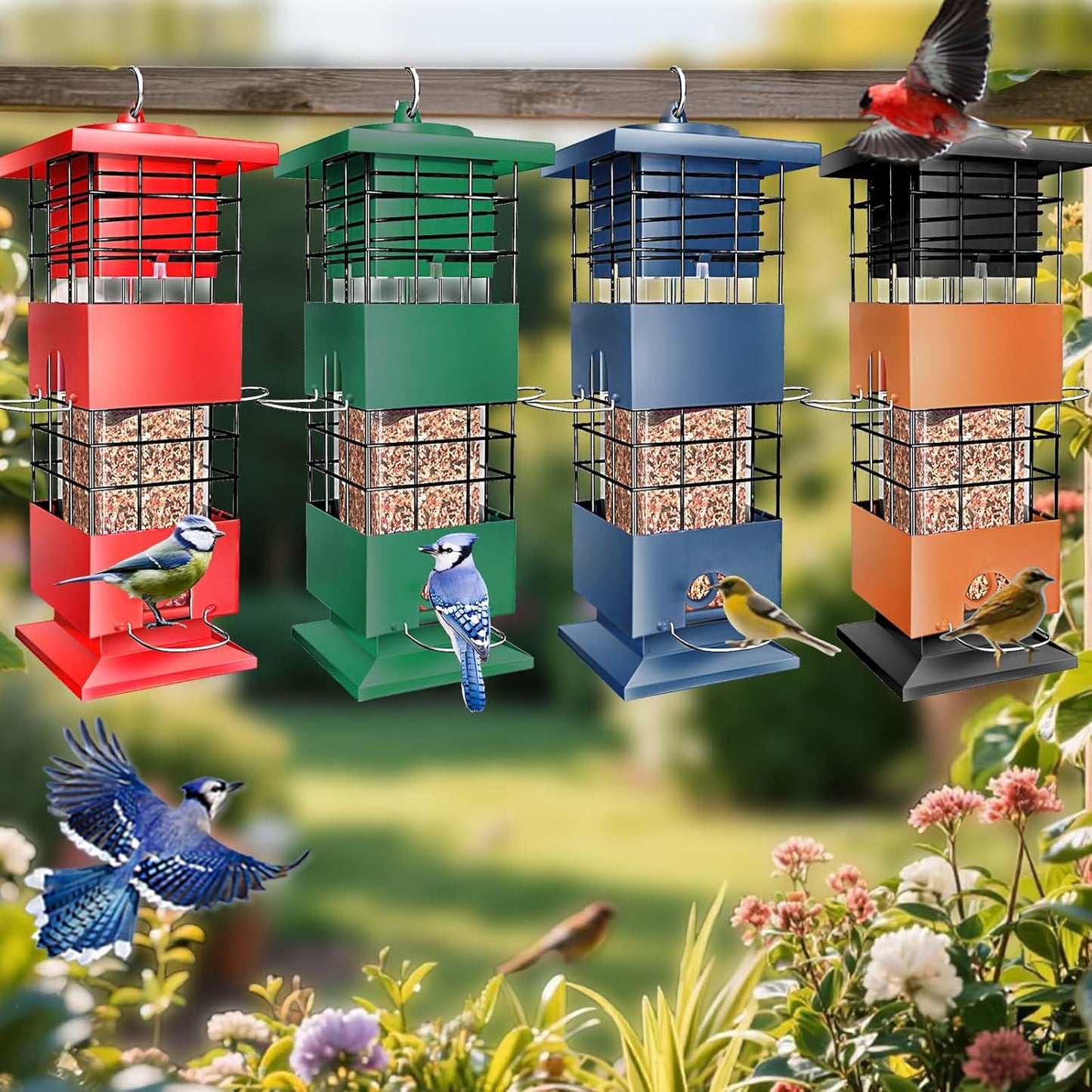 Bird Feeder Squirrel Proof, 3Lbs Metal Heavy Duty Birds Feeder with 4 Feeding Ports for Outdoors Hanging, Birdseed Feeder for Cardinal, Finch, Sparrow, Wild Birds, Outside (Green)