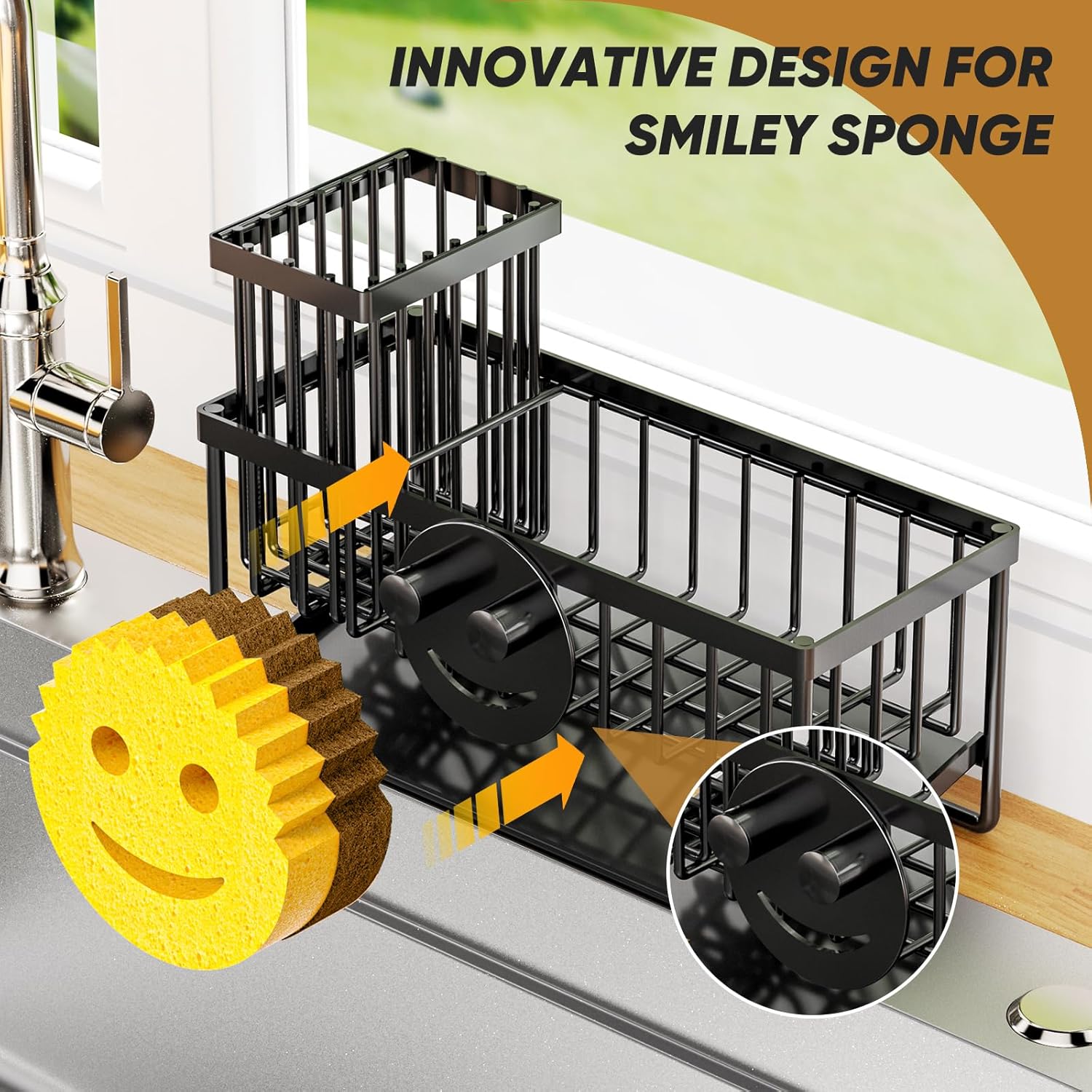 Sponge Holder for Kitchen Sink,Smiley Face Sink Caddy with Removable B