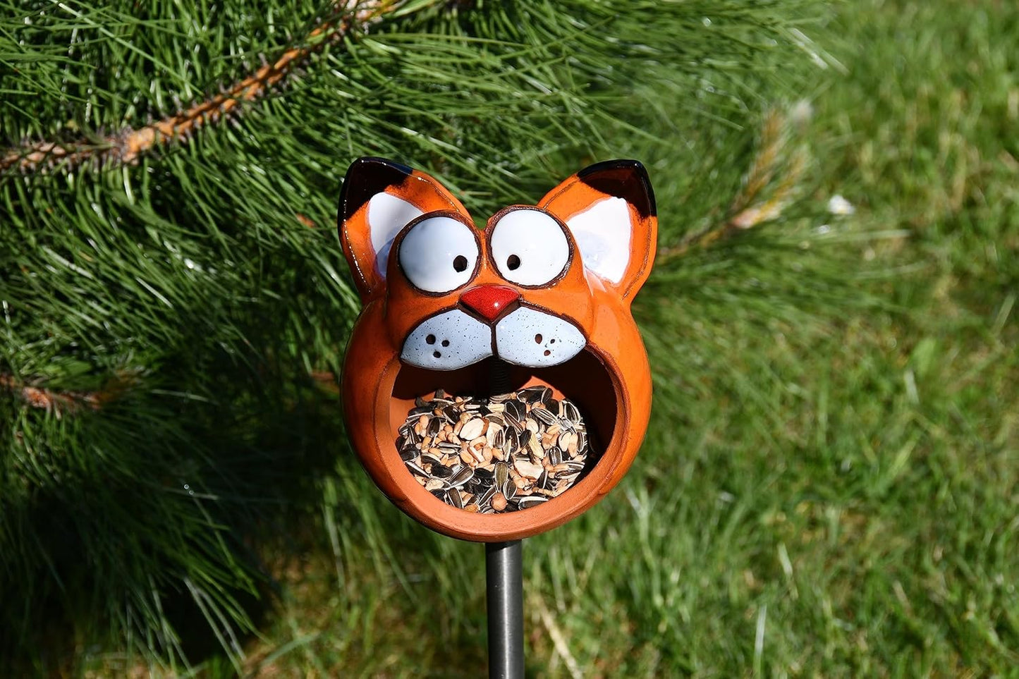 Funny Bird Feeder Cat Garden Stake Yard Art Garden Art Handmade Ceramic Garden Decor Lawn Stake Funny Cat Ceramic Bird Feeder Midene
