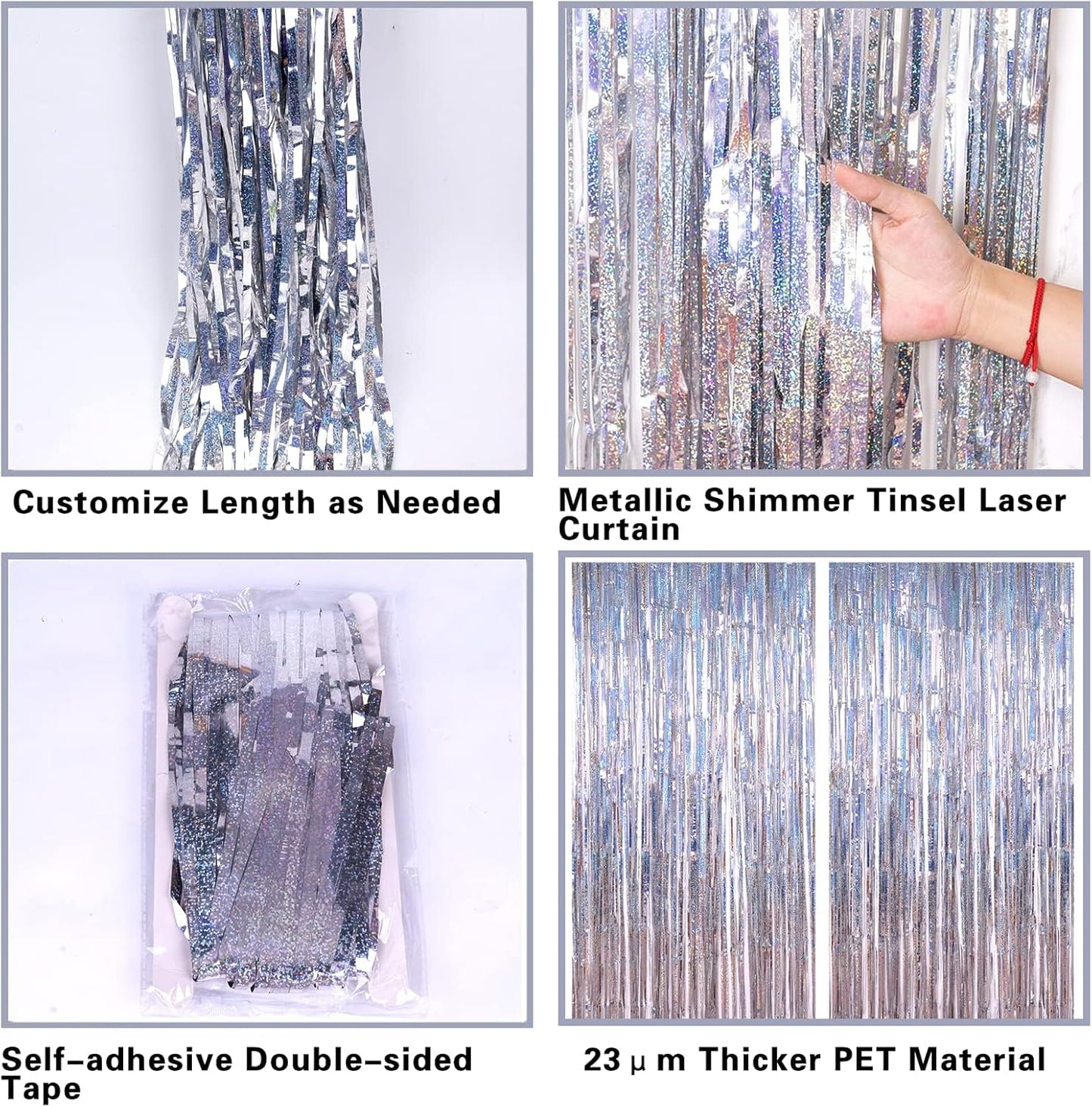 2 Pack 3.2ft x 8.2ft Silver Metallic Tinsel Foil Fringe Curtains, Door Streamer Photo Booth Backdrop for Birthday Graduation Engagement Bridal Shower Bachelorette Baby Shower Party Decorations
