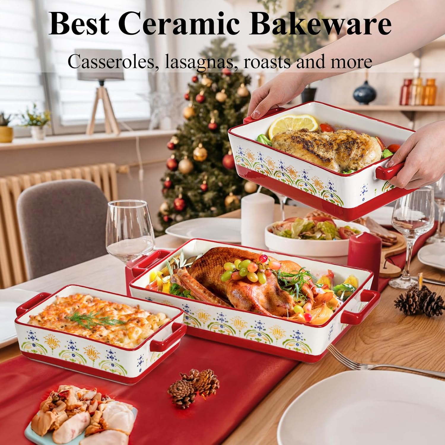 Set of 3 Ceramic Baking Dishes, Rectangular Casserole Dish for Oven, C