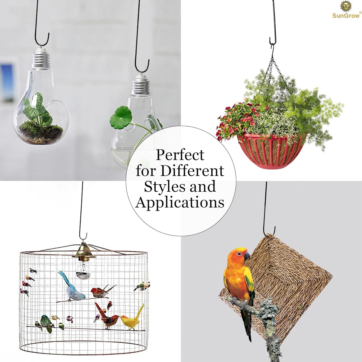 SunGrow S-Shaped Metal Tree Branch Hangers, Black Hook Stainless Steel Stakes for Bird Feeder & Baths, Plant Hanger, Outdoor Lights (2 Pcs - 12 Inches)