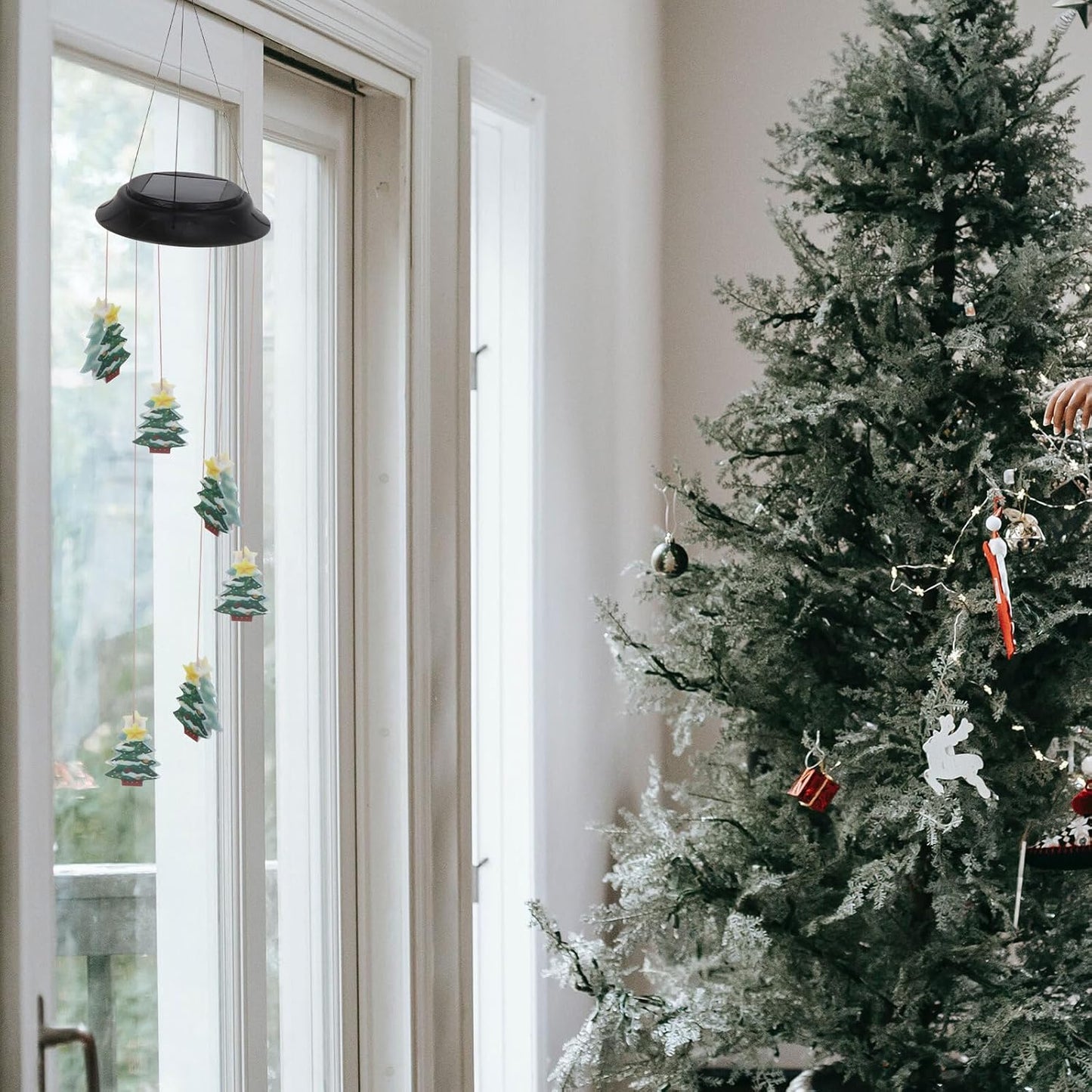 FAVOMOTO Solar Christmas Tree Wind Chime Lamp Outdoor Waterproof Rechargeable Wind Bell Light for Garden Patio Holiday Decor