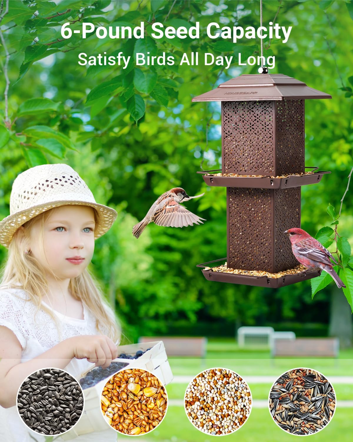 Bird Feeders for Outdoors Hanging - 6lb Large Capacity Metal Double Ti