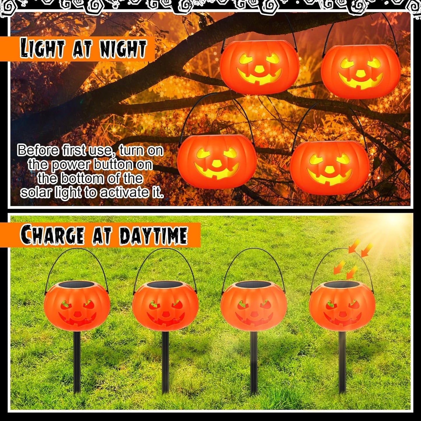 4 Pcs Halloween Pumpkin Pathway Markers Solar Light up Orange Jack O Lantern Stake LED Waterproof Plastic Pumpkin Light for Garden, Balcony, Yard, Lawn, Pathway, Walkway Halloween Decor