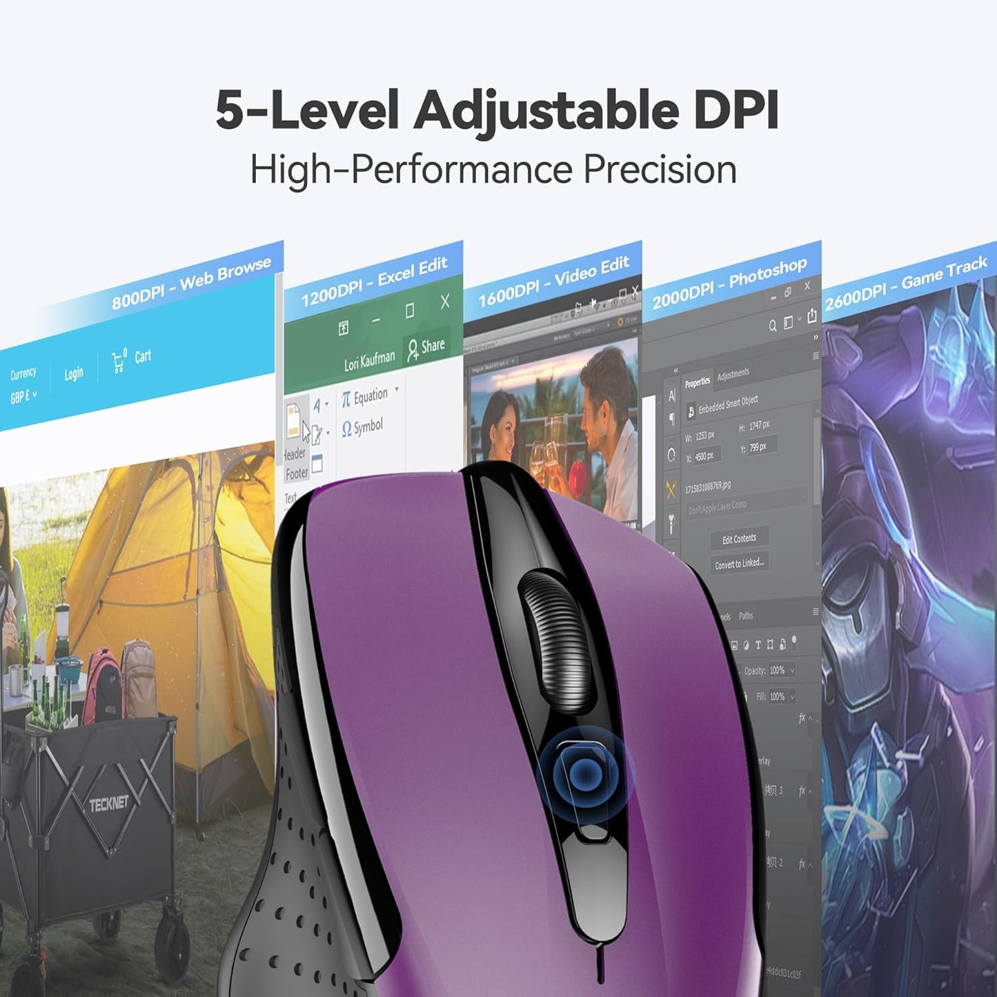TECKNET Wireless Mouse, 2.4G Ergonomic Optical Mouse, Computer Mouse f